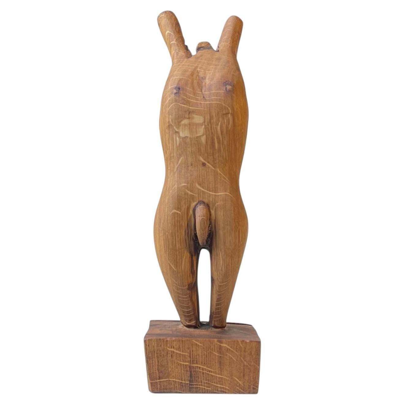 Folk Art Phallus Sculpture   Male Torso In Hand Carved Wood, 1970s