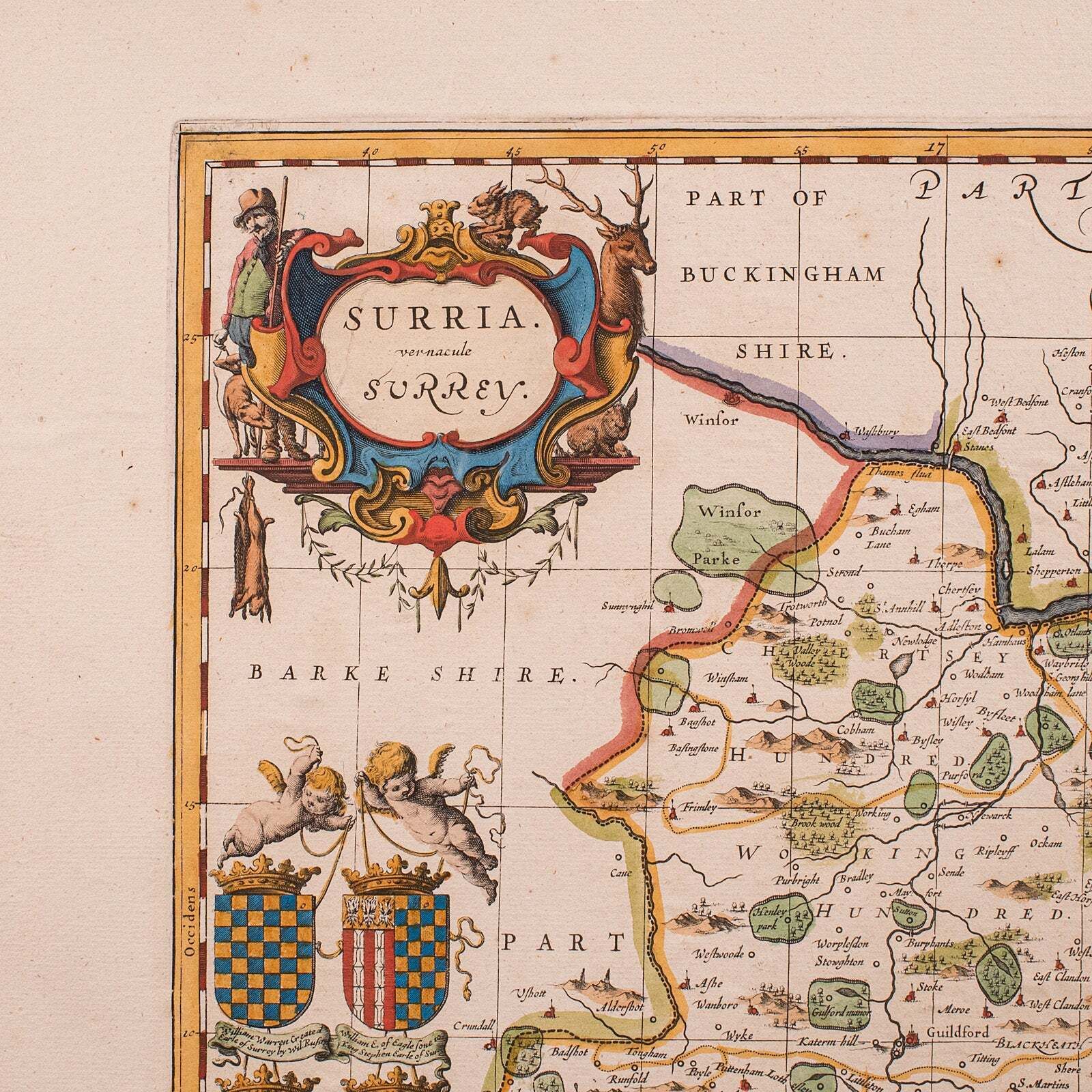 Antique Map Of Surrey, English, Framed County Cartography, After Blaeu, C.1690 photo Art