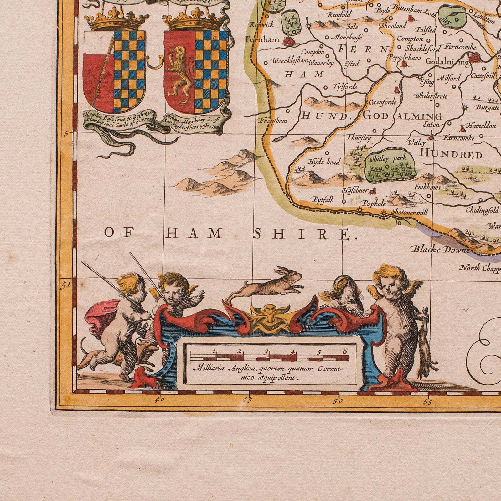Antique Map Of Surrey, English, Framed County Cartography, After Blaeu, C.1690 photo buy