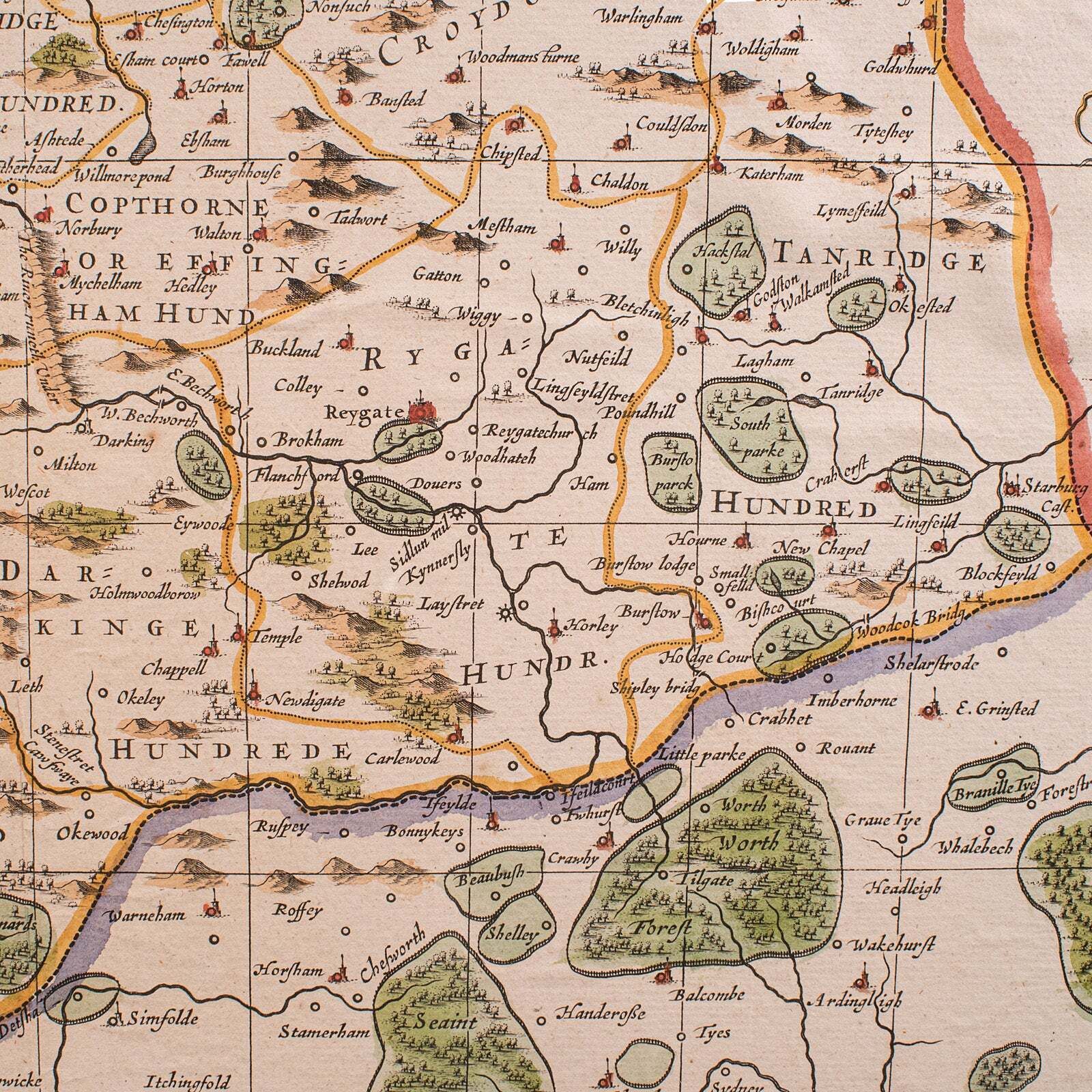 photo for sale Antique Map Of Surrey, English, Framed County Cartography, After Blaeu, C.1690