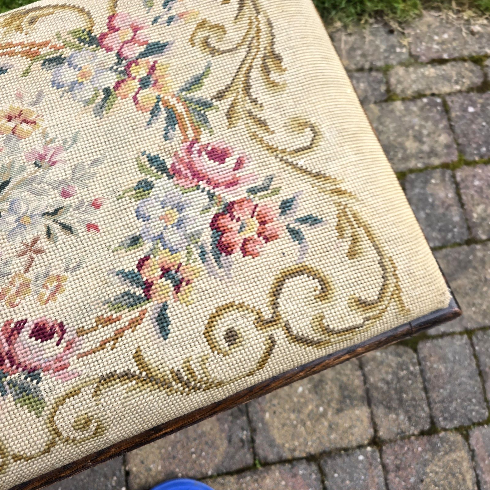 photo for sale Vintage Wooden Stool Bench Tapestry Woven Floral Arts & Crafts Cottagecore 60 Cm