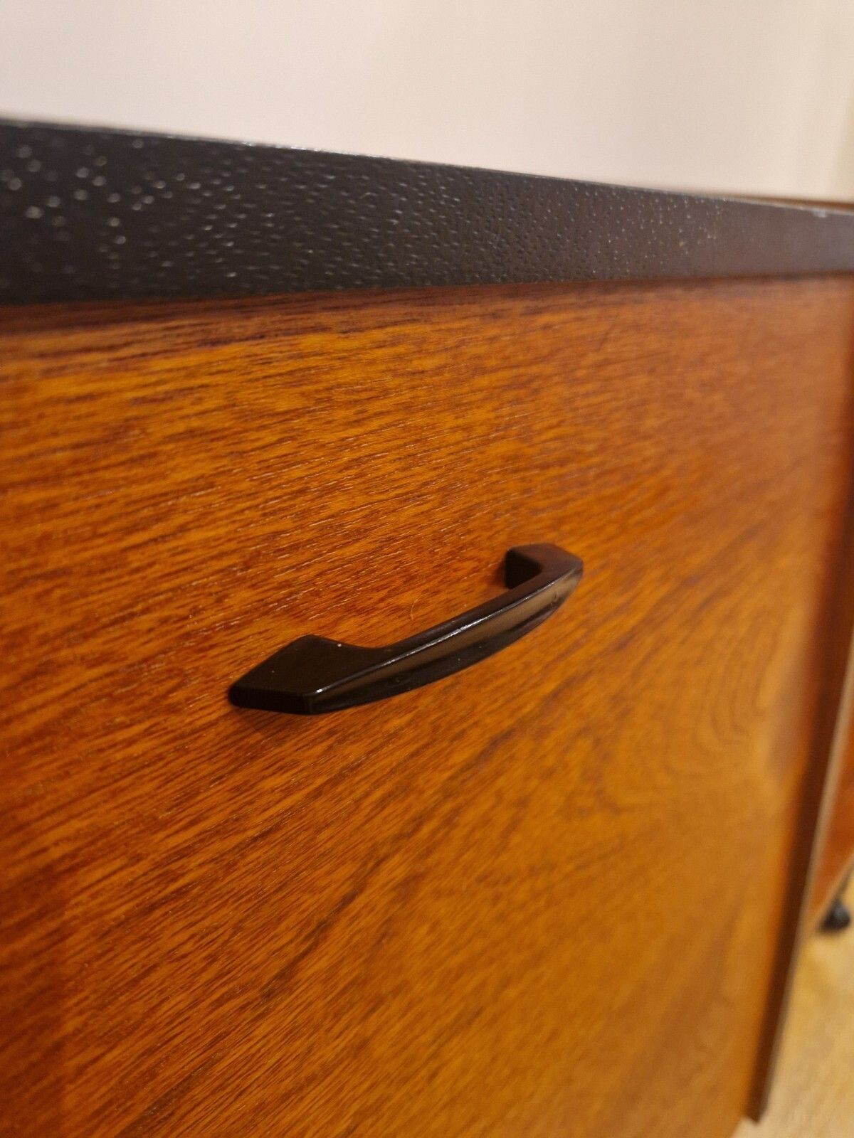Furniture Refurbished Mid Century Modern Teak Record & Media Cabinet With Black Accents photo
