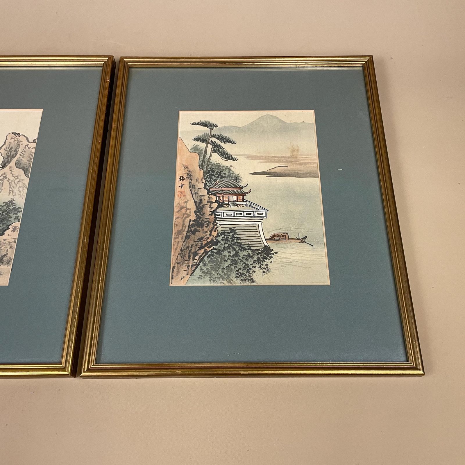 Pair Oriental Landscape Painting On Silk Temple Art Gold Wood Frame Picture Chinese Wall Decor Asian Hand Painted photo furniture