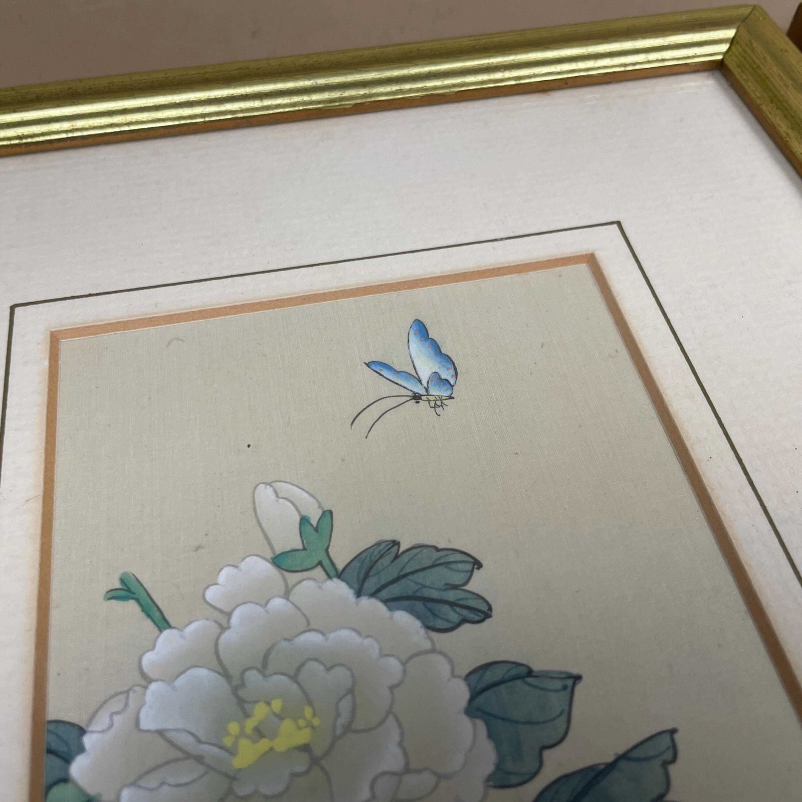 Butterfly Floral Silk Art Painting Pair Small Gold Wood Frame Botanical Flower Pictures Oriental Wall Decor Asian Hand Painted photo vinterior