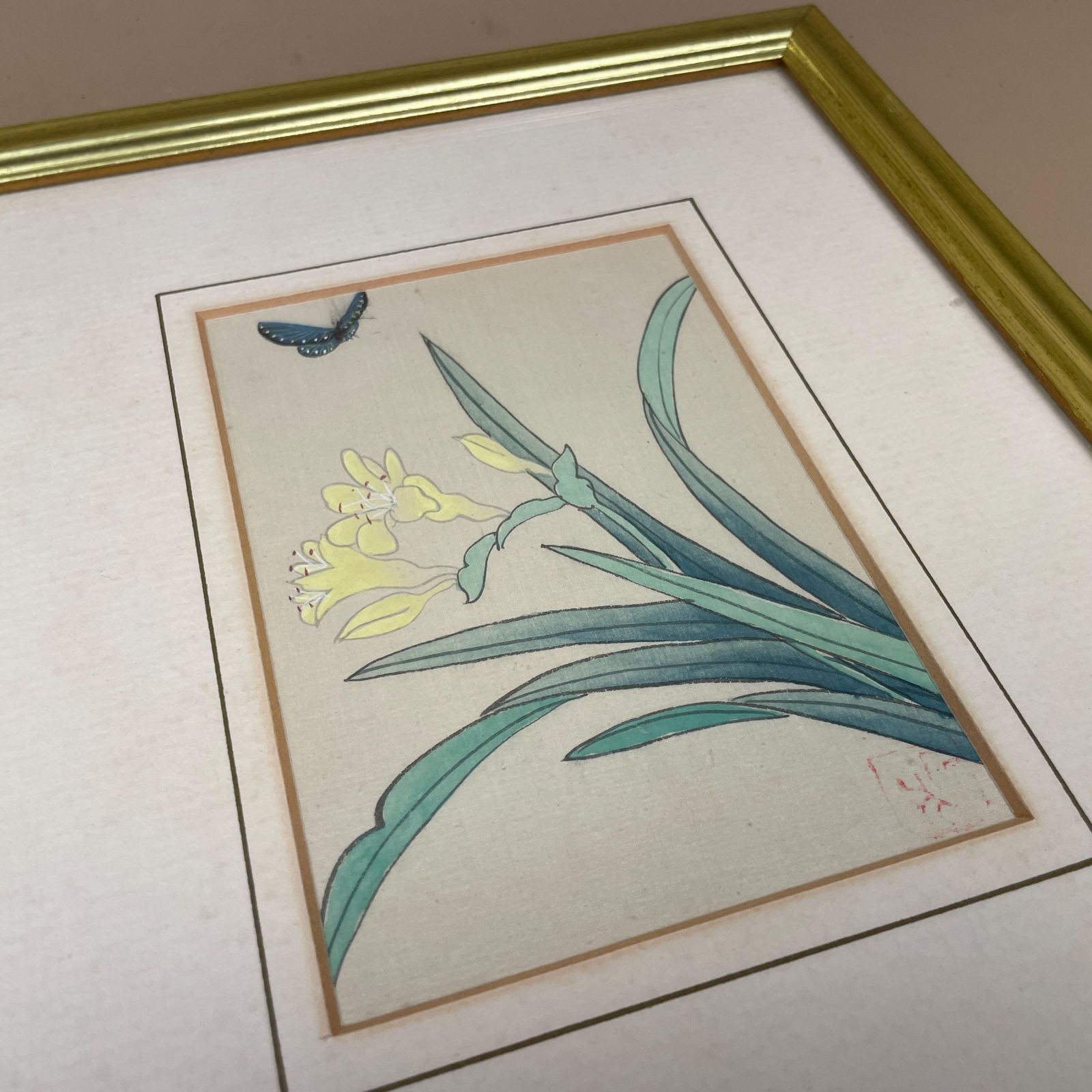 Butterfly Floral Silk Art Painting Pair Small Gold Wood Frame Botanical Flower Pictures Oriental Wall Decor Asian Hand Painted photo buy