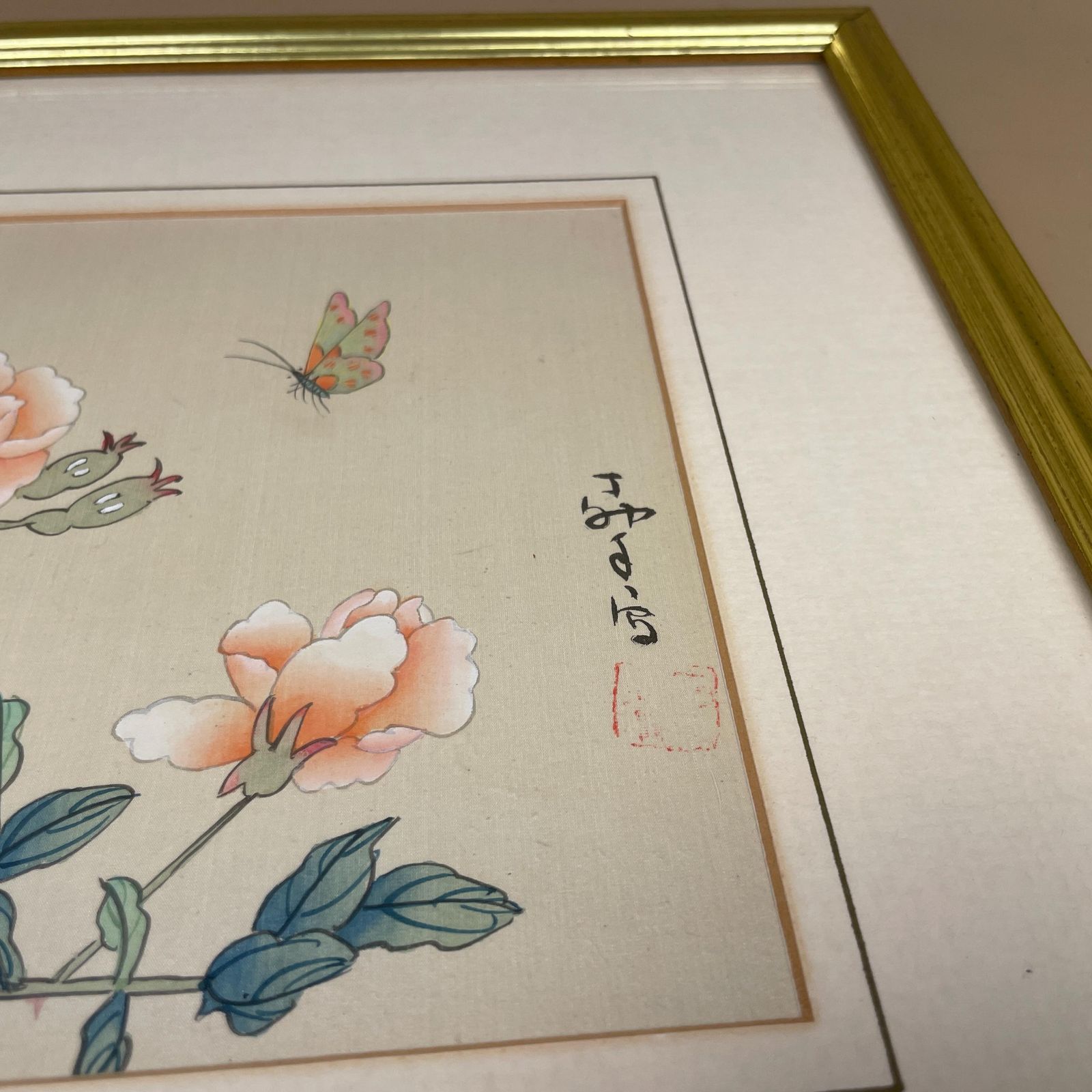 Butterly Flower Picture Hand Painted On Silk Oriental Art Gold Wood Frame Botanical Artwork Chinese Asian Style photo Art
