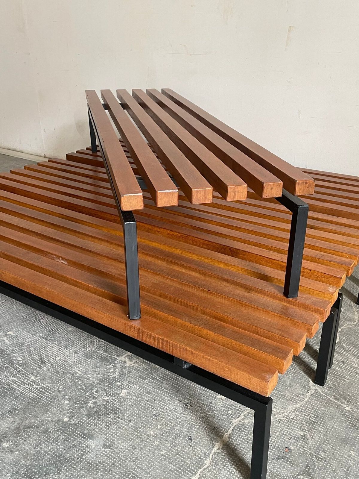 Set Of Four Bench, Solid Oak Wood And Iron Legs, Perriand Style, France 1970s