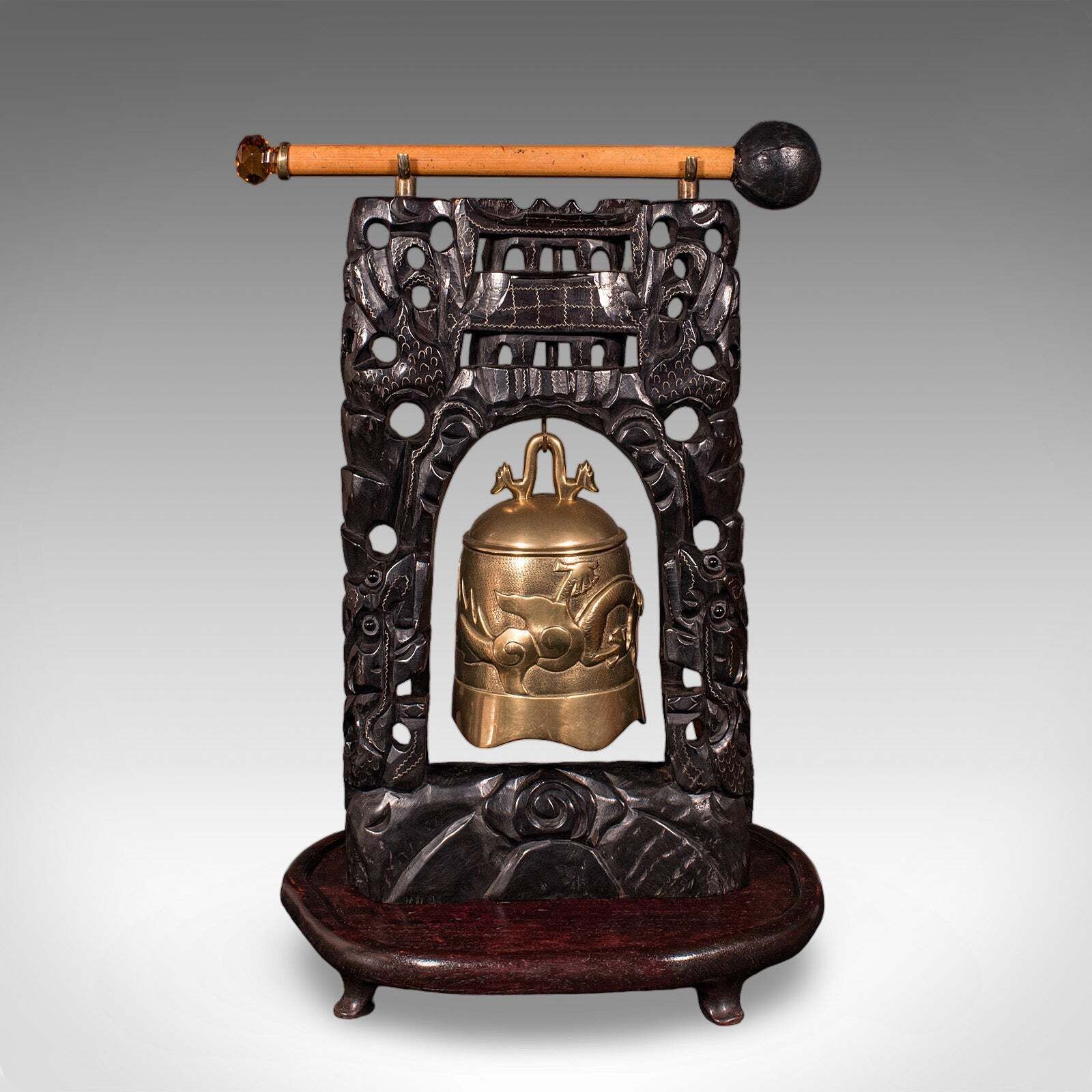 Antique Tea Ceremony Gong, Oriental, Carved Stand, Brass Bell, Edwardian, C.1910 photo for sale