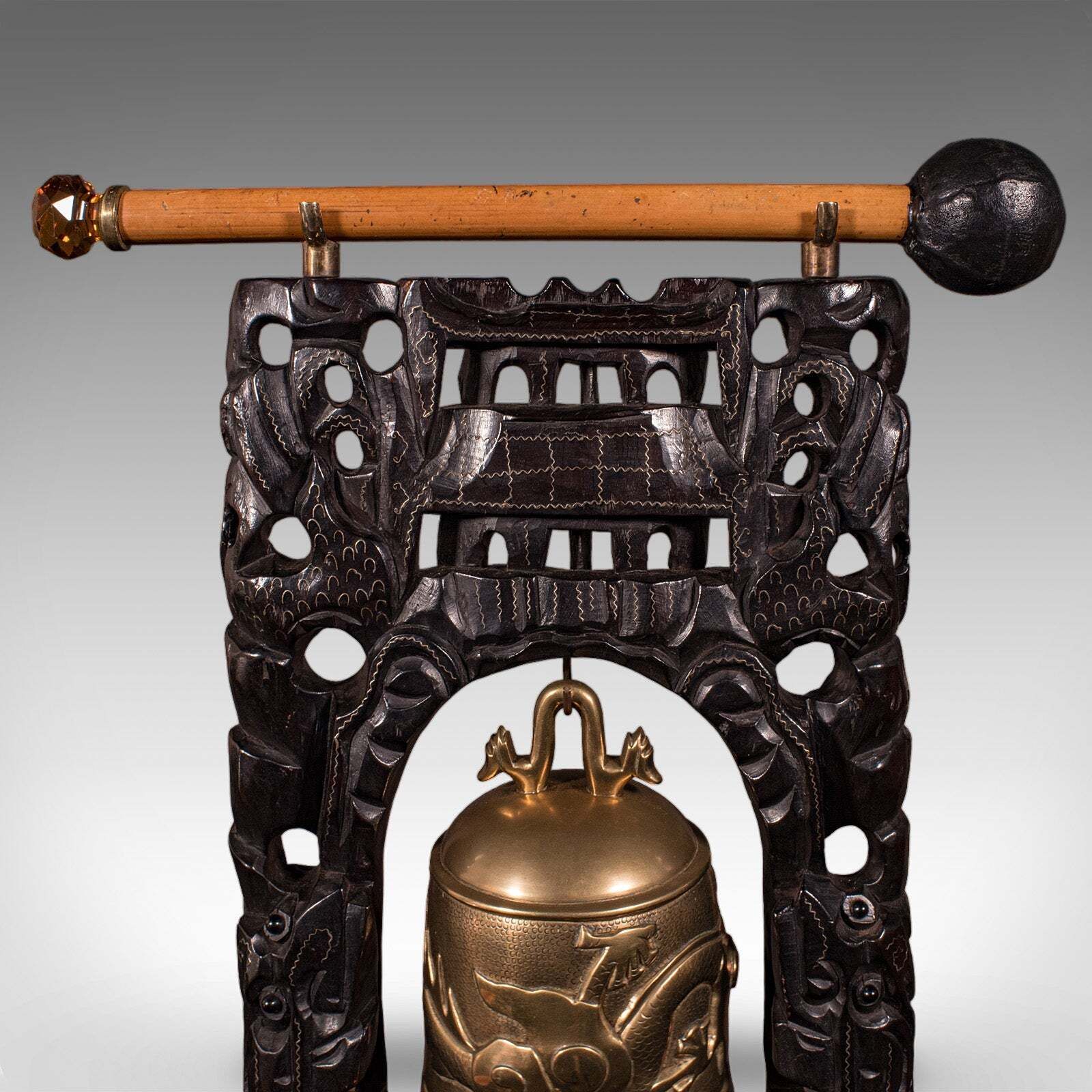 Antique Tea Ceremony Gong, Oriental, Carved Stand, Brass Bell, Edwardian, C.1910 photo vintage