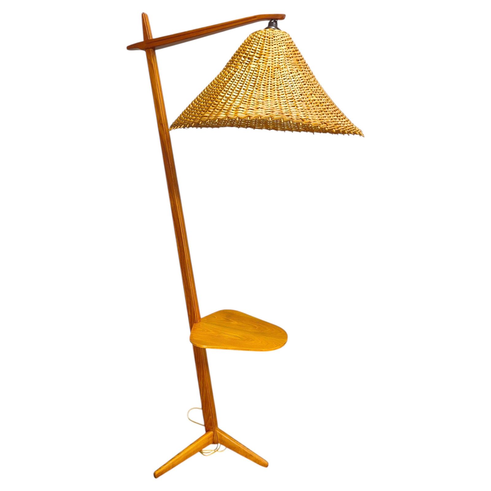 Mid Century Floor Lamp With Rattan Shade, Czechoslovakia, 1960s