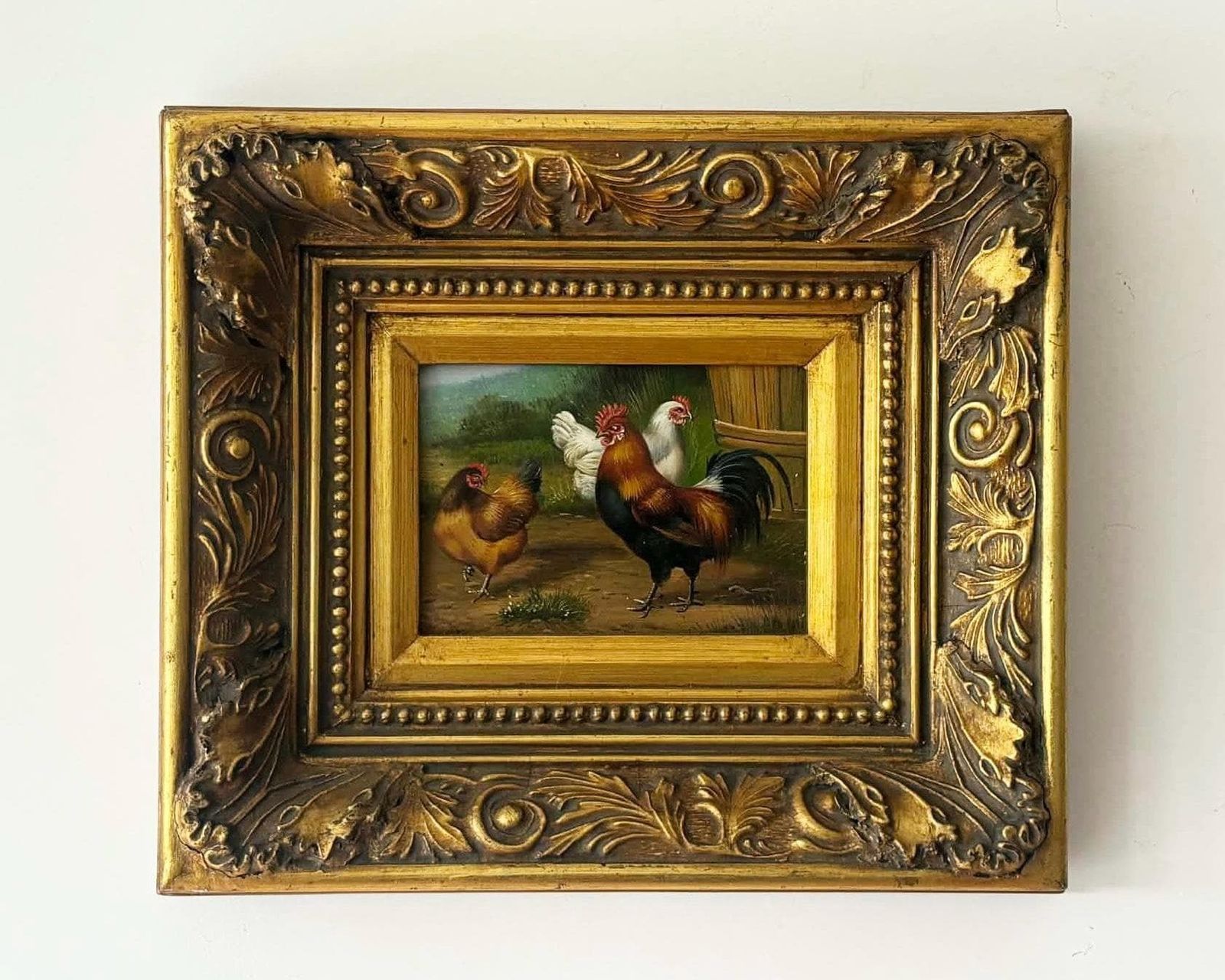 Antique Rooster Oil Painting In Ornate Gold Frame Vintage Farmhouse Kitchen Wall Art Chicken Painting