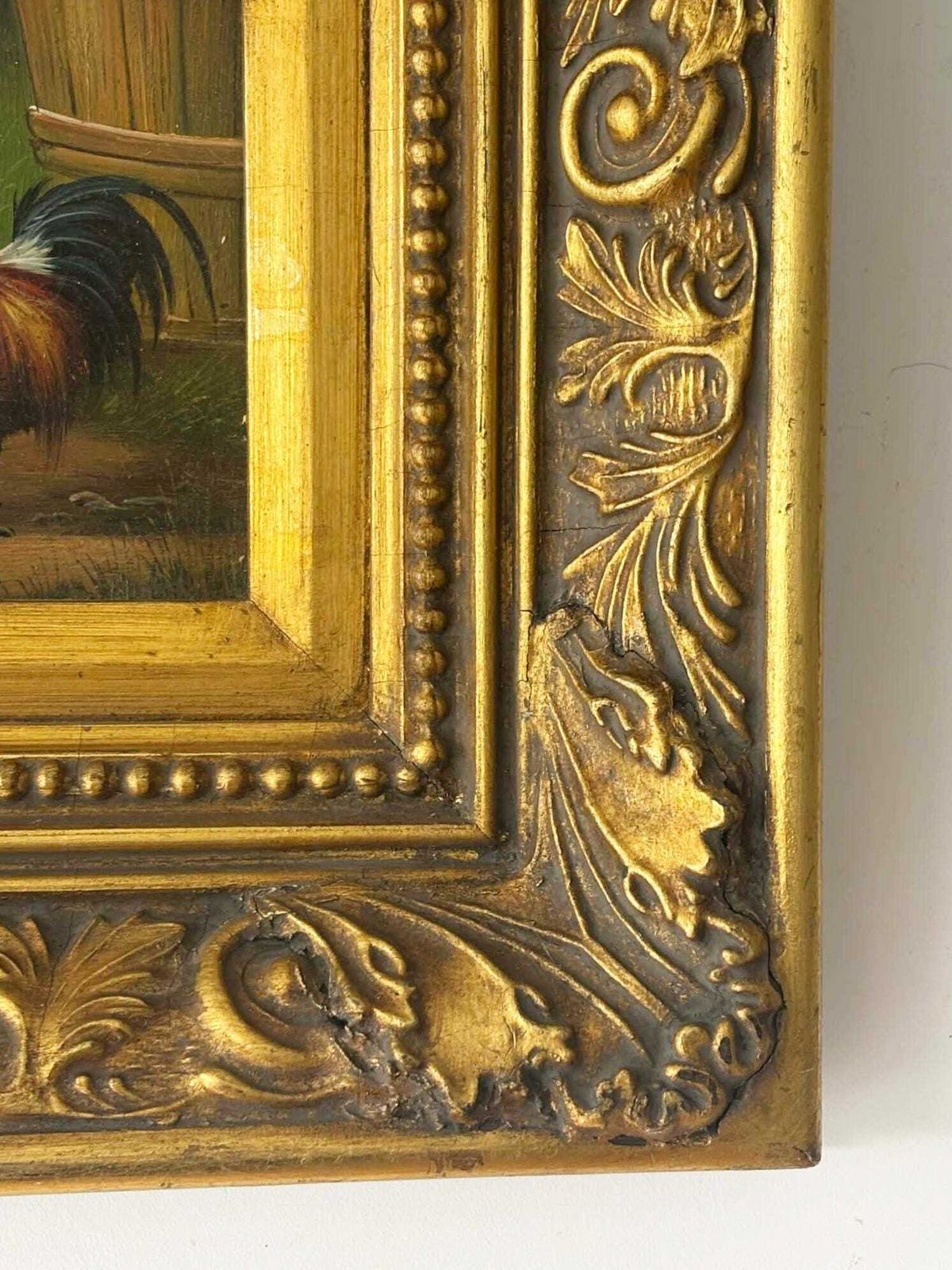 Antique Rooster Oil Painting In Ornate Gold Frame Vintage Farmhouse Kitchen Wall Art Chicken Painting photo for sale