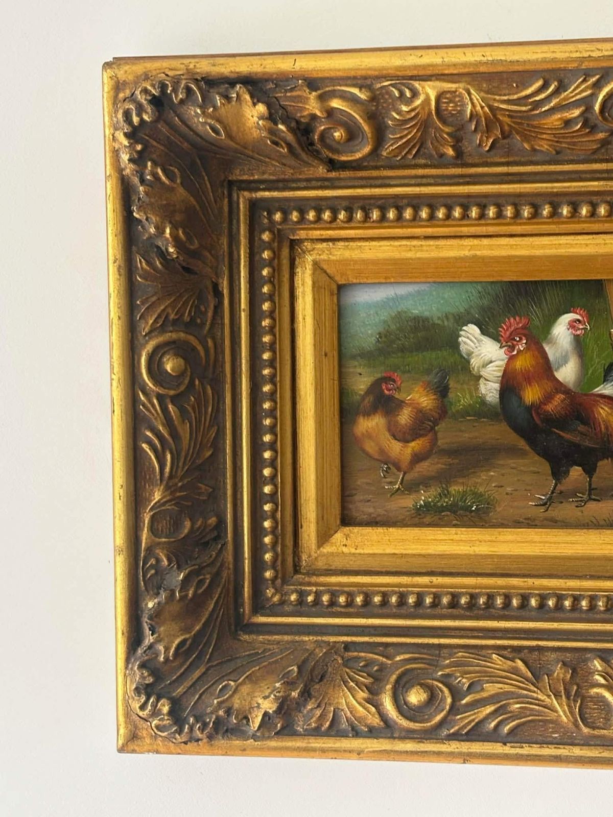 Antique Rooster Oil Painting In Ornate Gold Frame Vintage Farmhouse Kitchen Wall Art Chicken Painting photo Art
