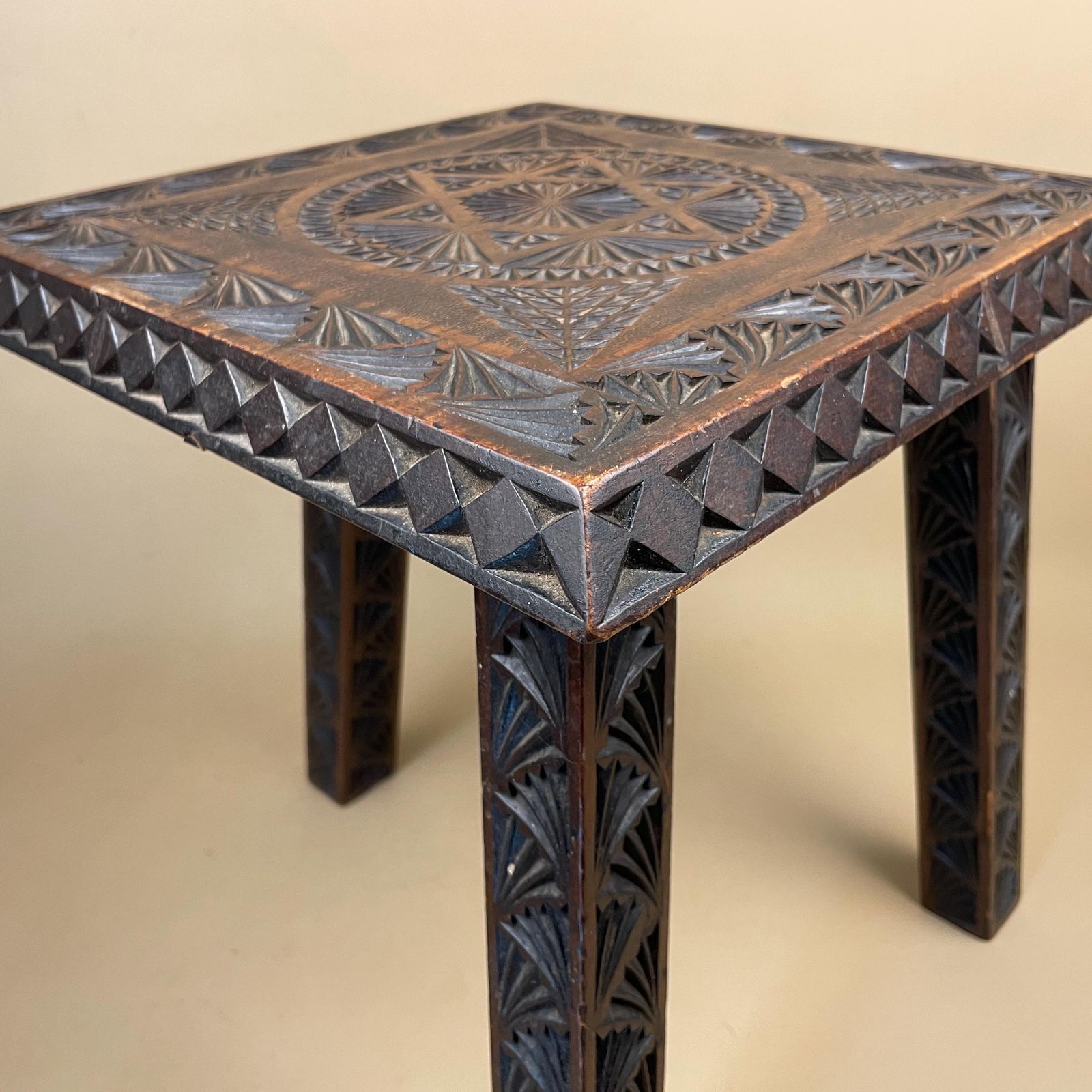 Hand Carved Wooden End Table Patterned Handcrafted Top Square Brown Table Vintage Decor Country Cottage Furniture Tripod Pattern 3 Legs Side photo furniture