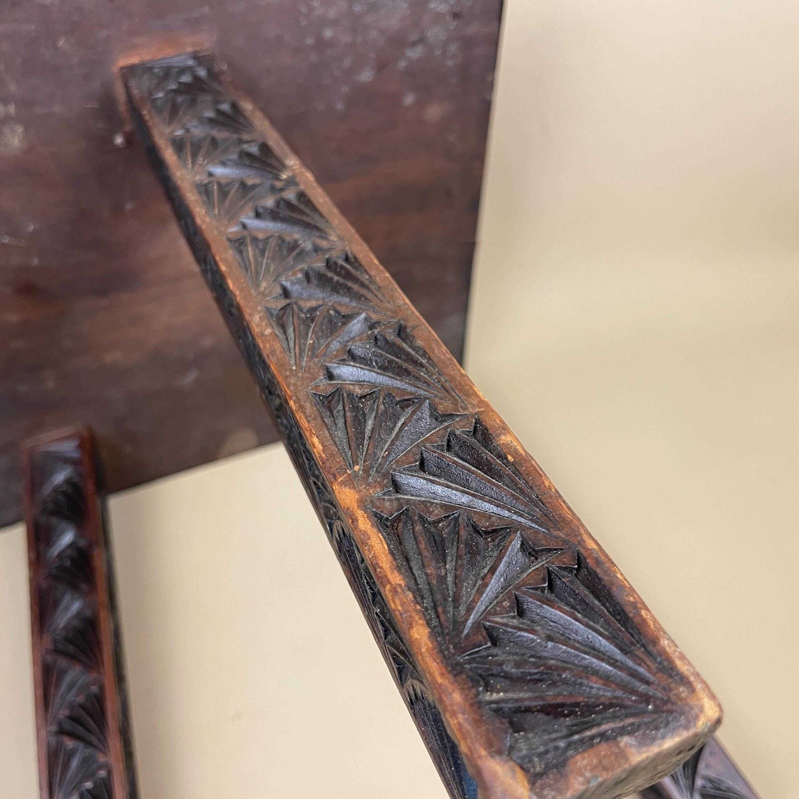 135.0 Hand Carved Wooden End Table Patterned Handcrafted Top Square Brown Table Vintage Decor Country Cottage Furniture Tripod Pattern 3 Legs Side photo