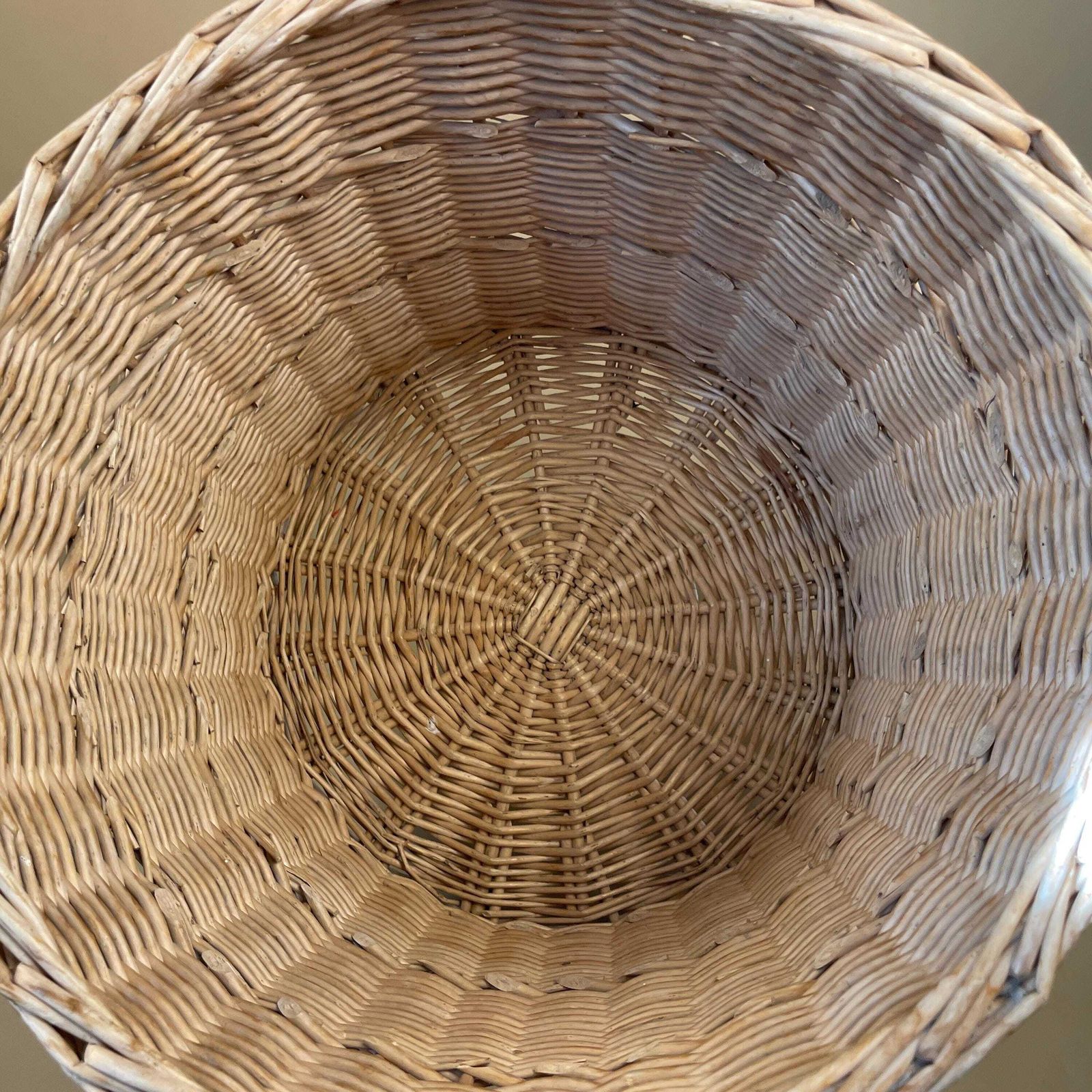 Vintage Round Basket Woven Wicker Brown Antique Cylinder Storage Farmhouse Cottage Decor Laundry Cane Wood Logs Fireplace Pale Striped photo vinterior