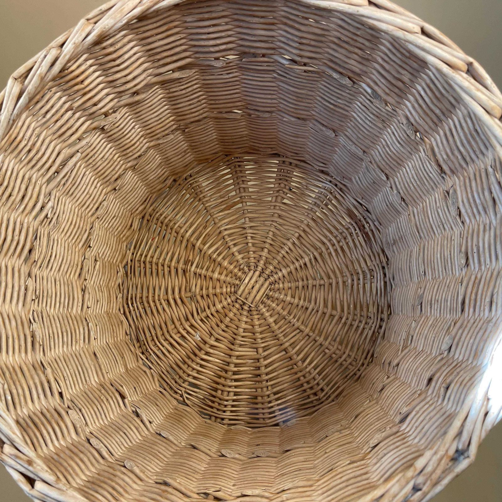 Vintage Round Basket Woven Wicker Brown Antique Cylinder Storage Farmhouse Cottage Decor Laundry Cane Wood Logs Fireplace Pale Striped photo buy
