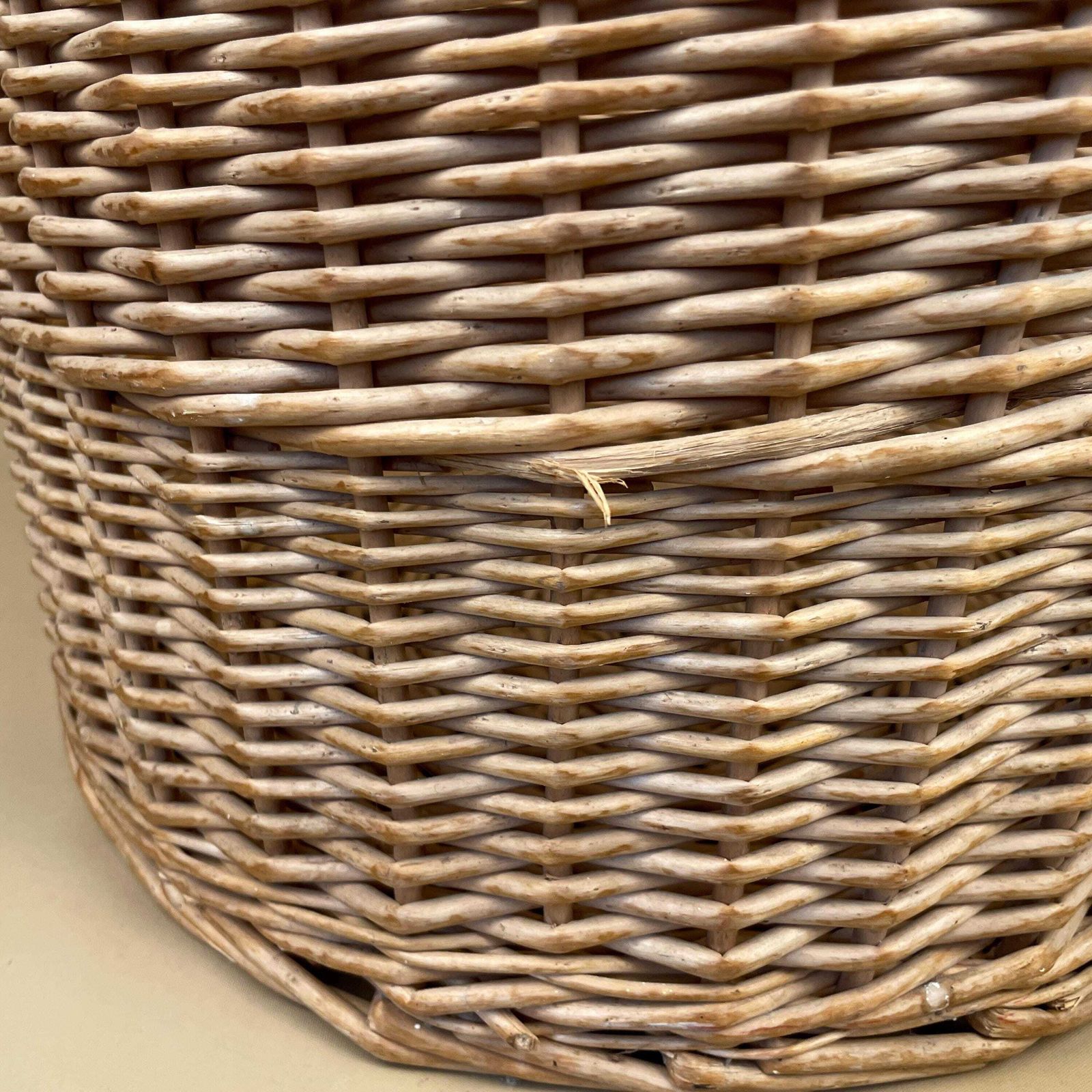 photo furniture Vintage Round Basket Woven Wicker Brown Antique Cylinder Storage Farmhouse Cottage Decor Laundry Cane Wood Logs Fireplace Pale Striped