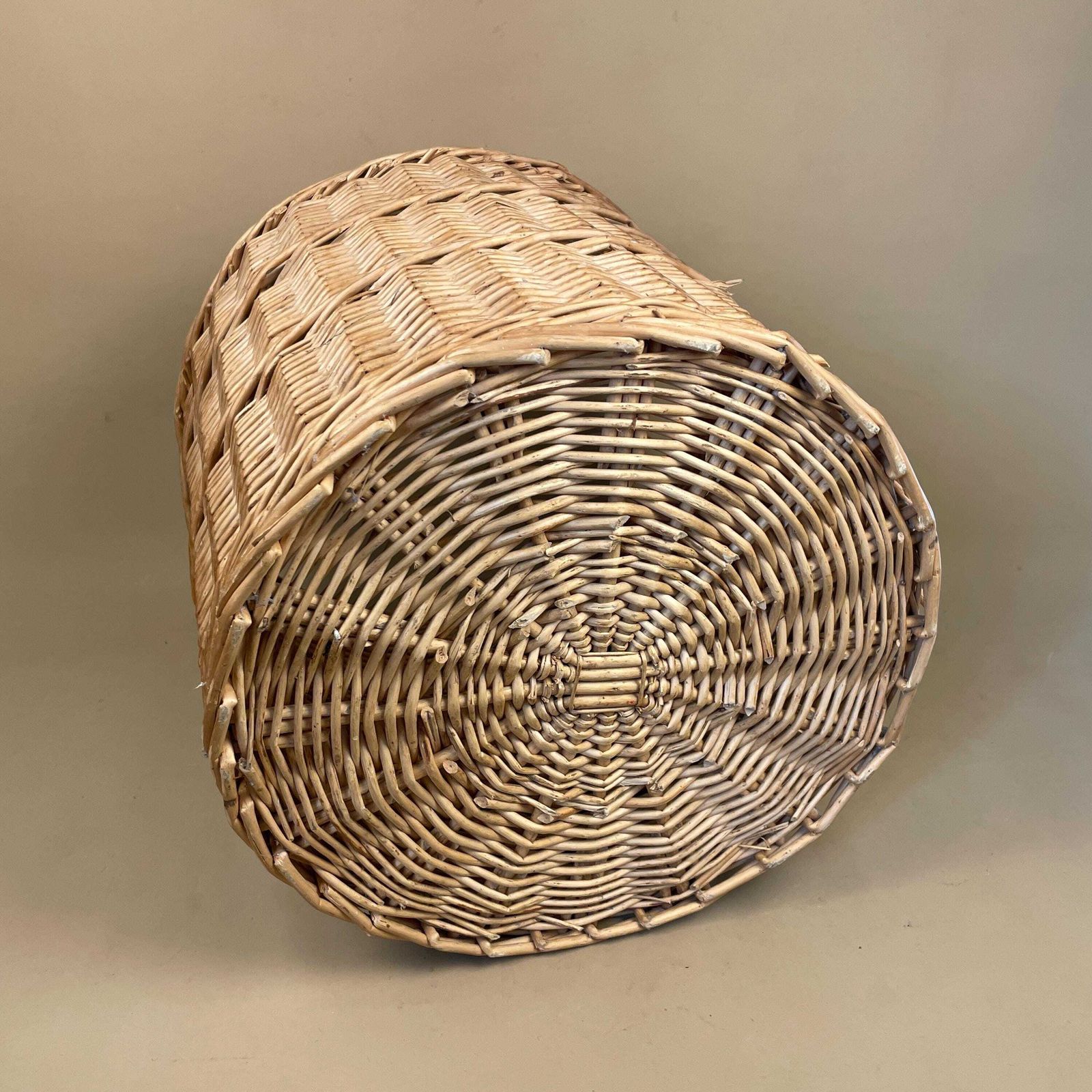 photo for sale Vintage Round Basket Woven Wicker Brown Antique Cylinder Storage Farmhouse Cottage Decor Laundry Cane Wood Logs Fireplace Pale Striped