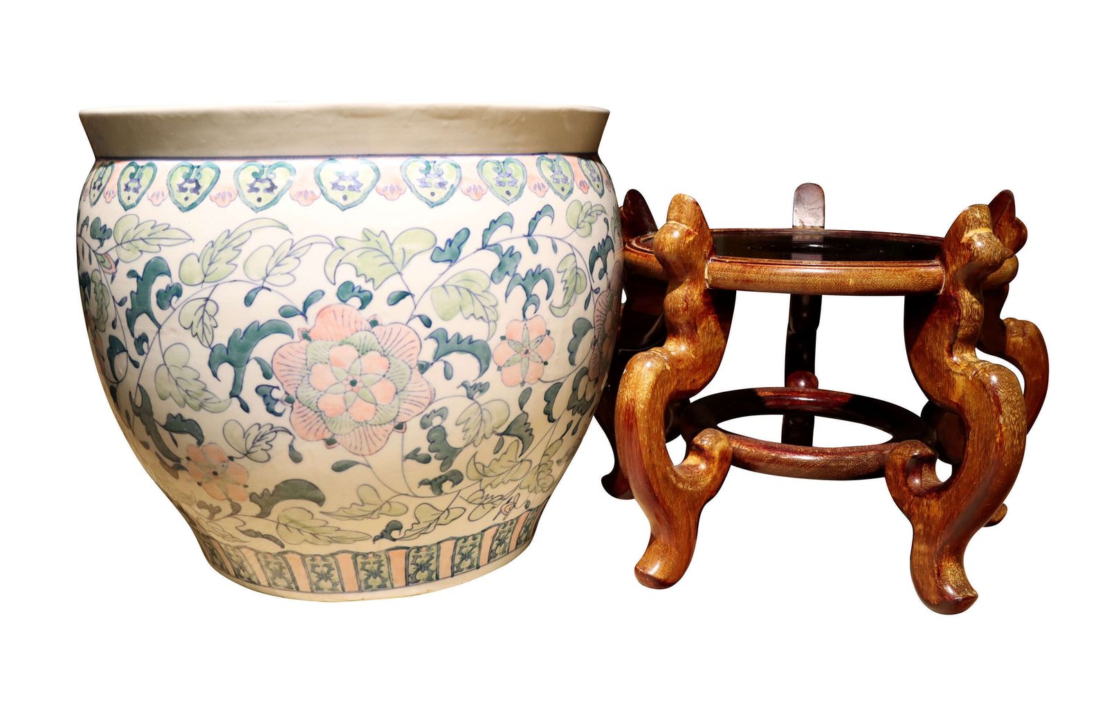 Chinese Decorative Porcelain Fish Bowl / Jardinière On Hardwood Stand, Circa 1970 photo Home Decor