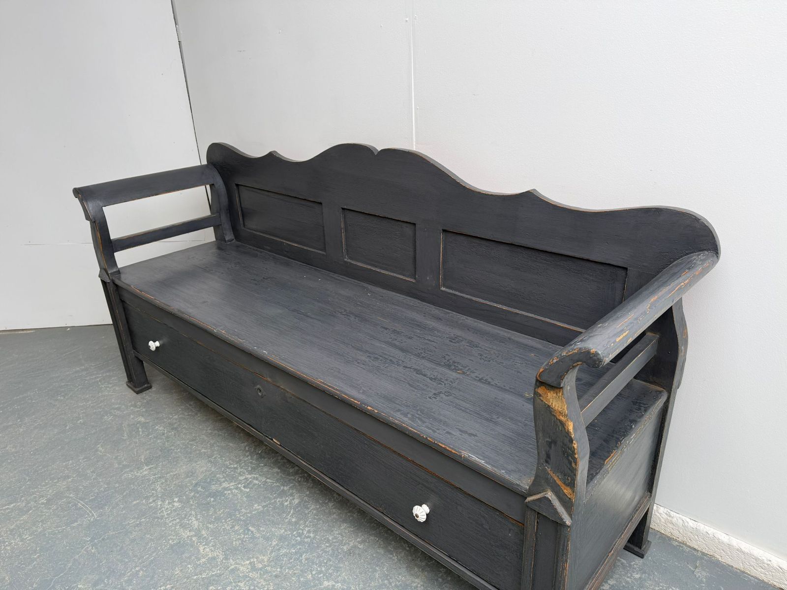 A Lovely Genuine Antique Pine Hungarian Painted Grey Bench photo for sale