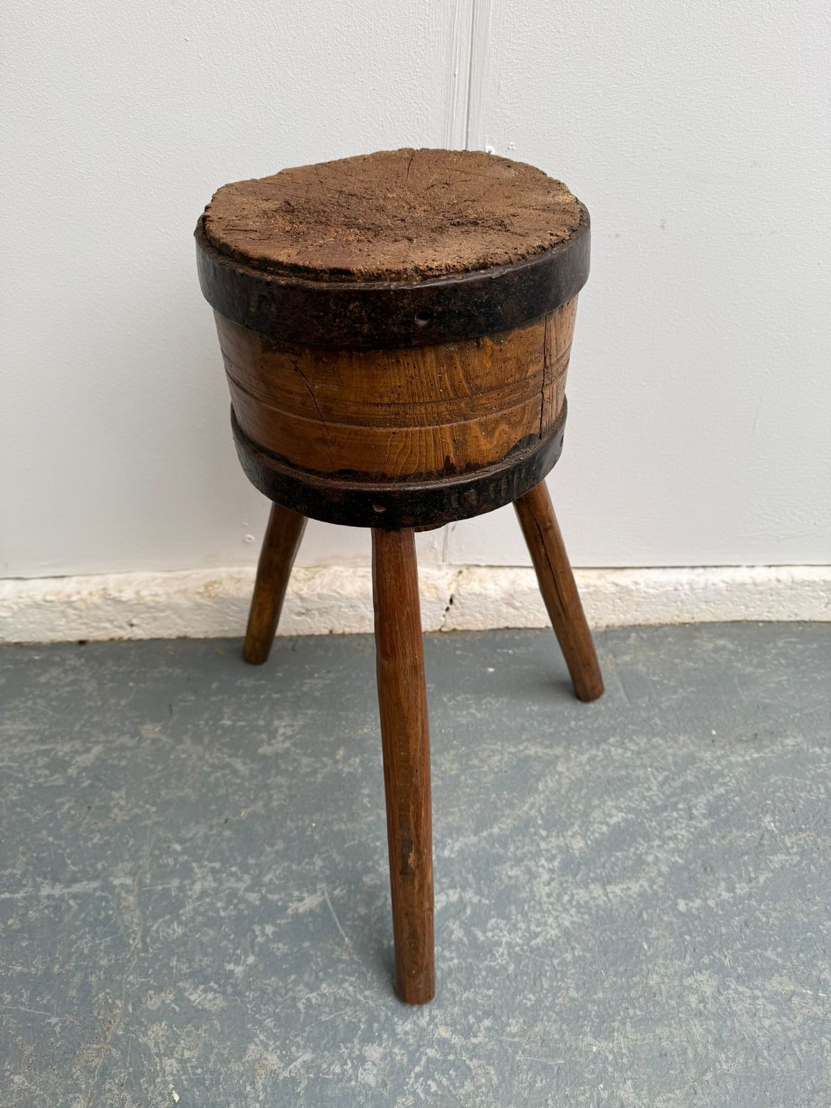 A Stunning Original Hungarian Circular Tripod Hardwood Butchers Block photo for sale