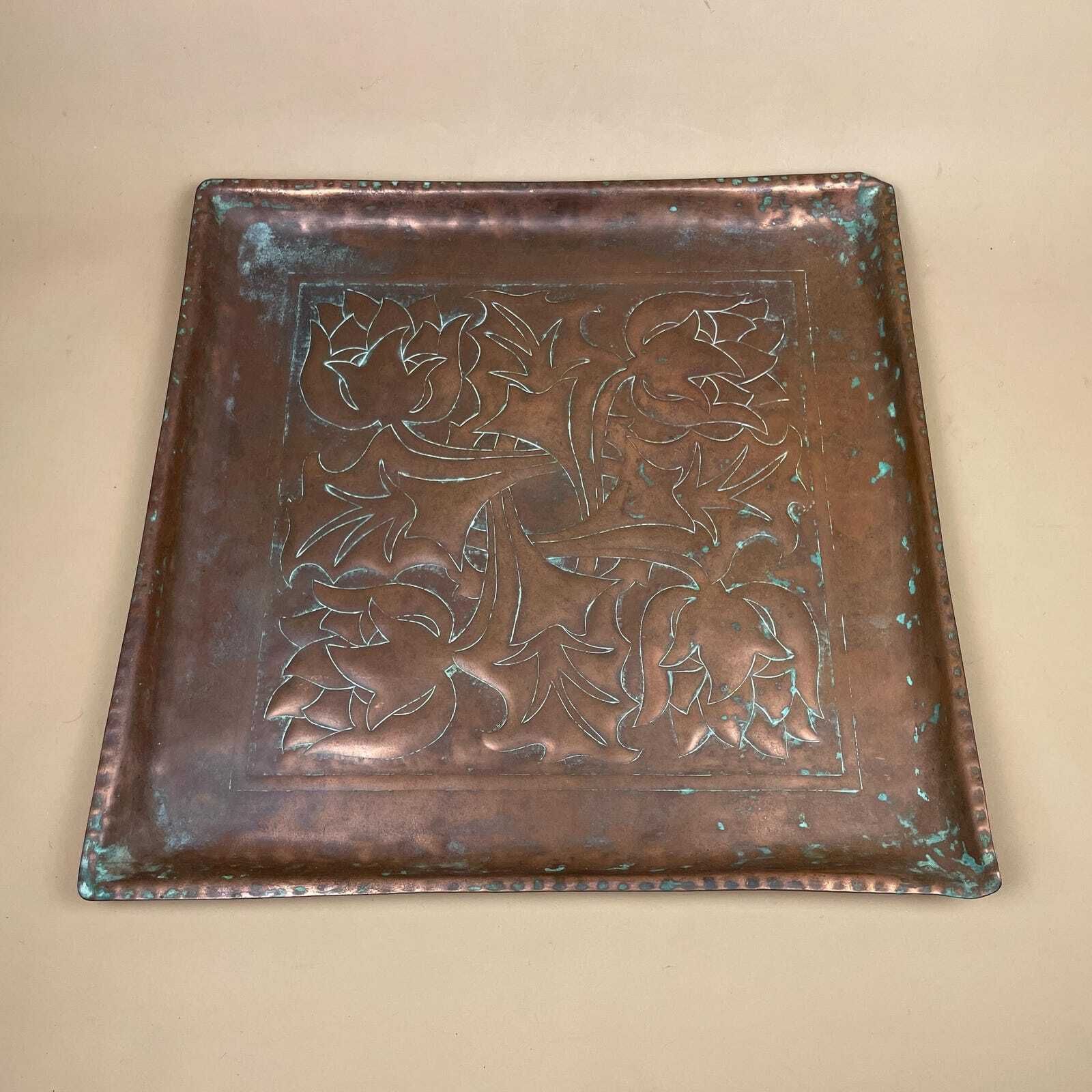 Art Nouveau Antique Metal Copper Tray Square Shape Plate Handmade Art Intricate Vintage Decorative Traditional Serving Display Patterned photo furniture