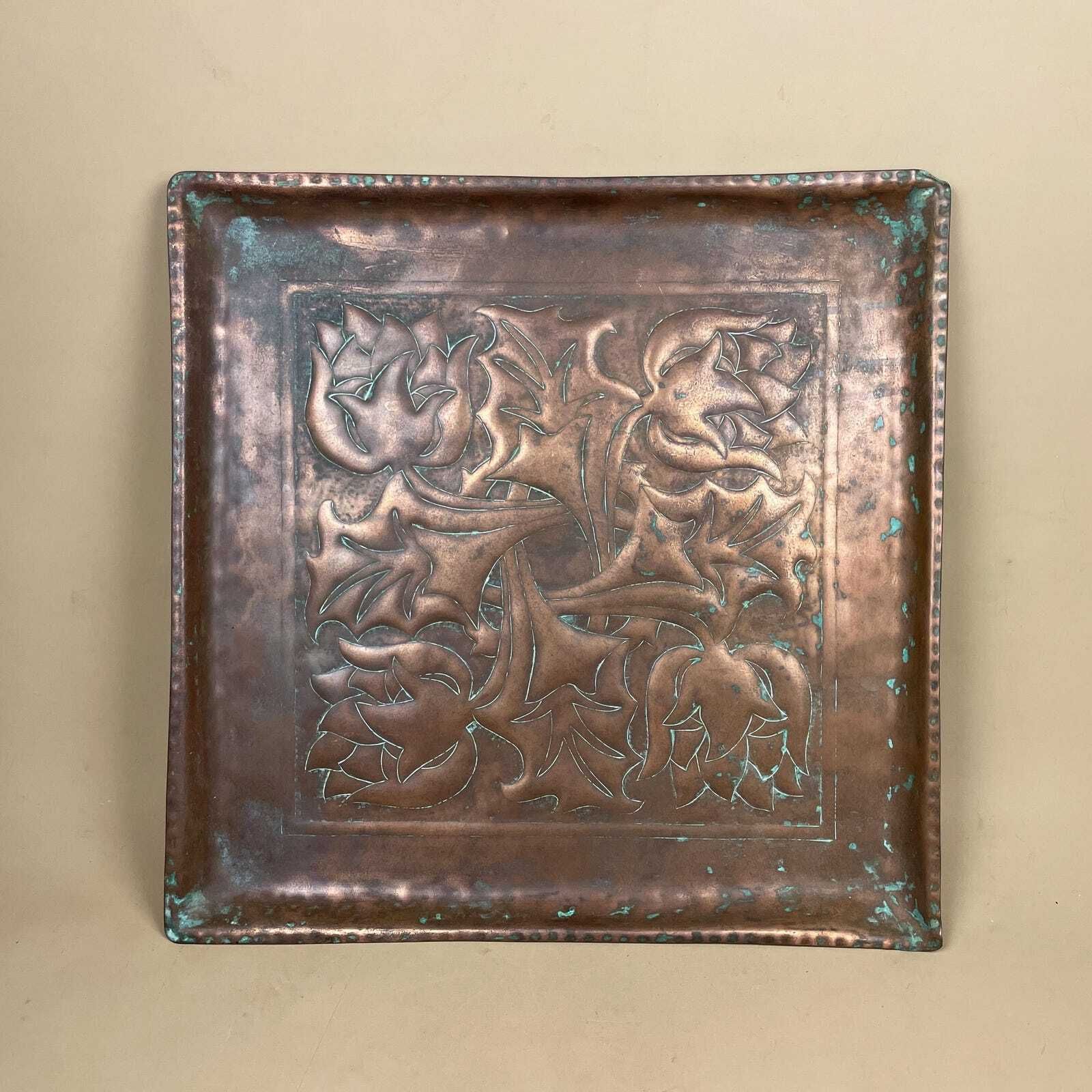 Art Nouveau Antique Metal Copper Tray Square Shape Plate Handmade Art Intricate Vintage Decorative Traditional Serving Display Patterned photo buy