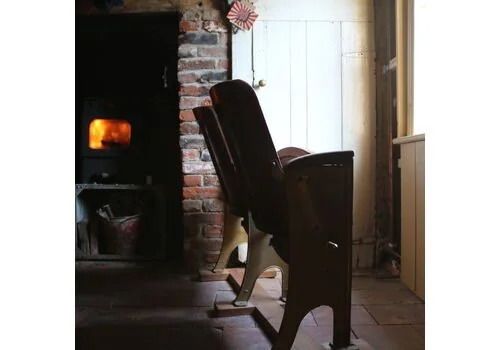 Antique English Beech & Cast Iron Folding Cinema Seats — Brass Numbered Pair, Early 20th Century photo for sale