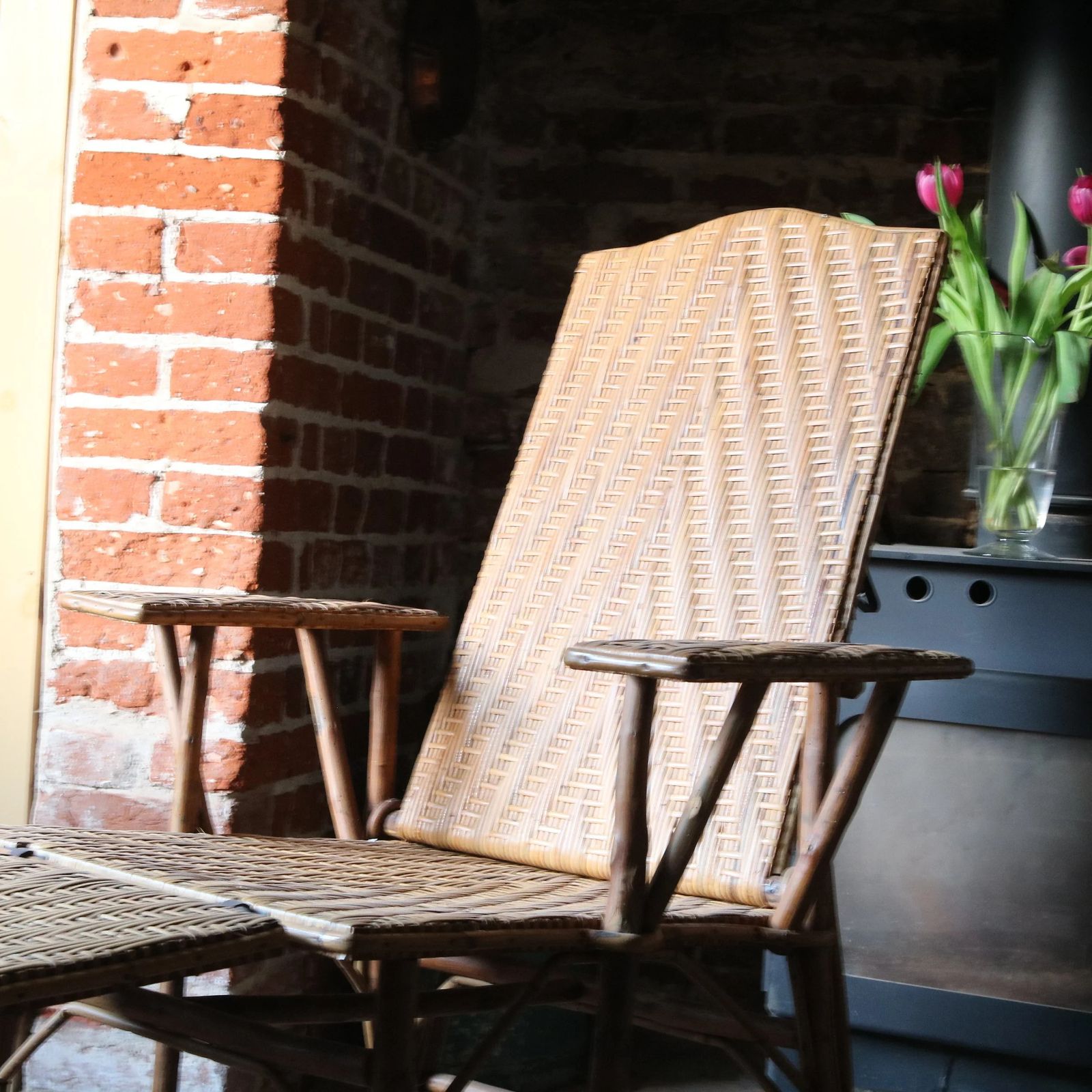 Vintage 1920s French Wicker & Bamboo Steamer Recliner Chair With Footrest photo for sale