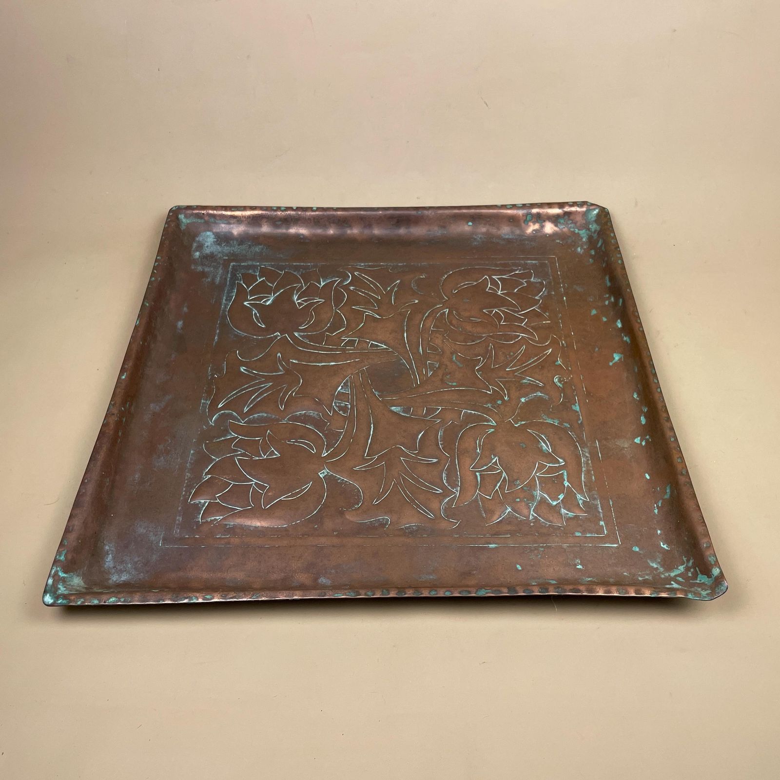 photo buy Art Nouveau Antique Metal Copper Tray Square Shape Plate Handmade Art Intricate Vintage Decorative Traditional Serving Display Patterned