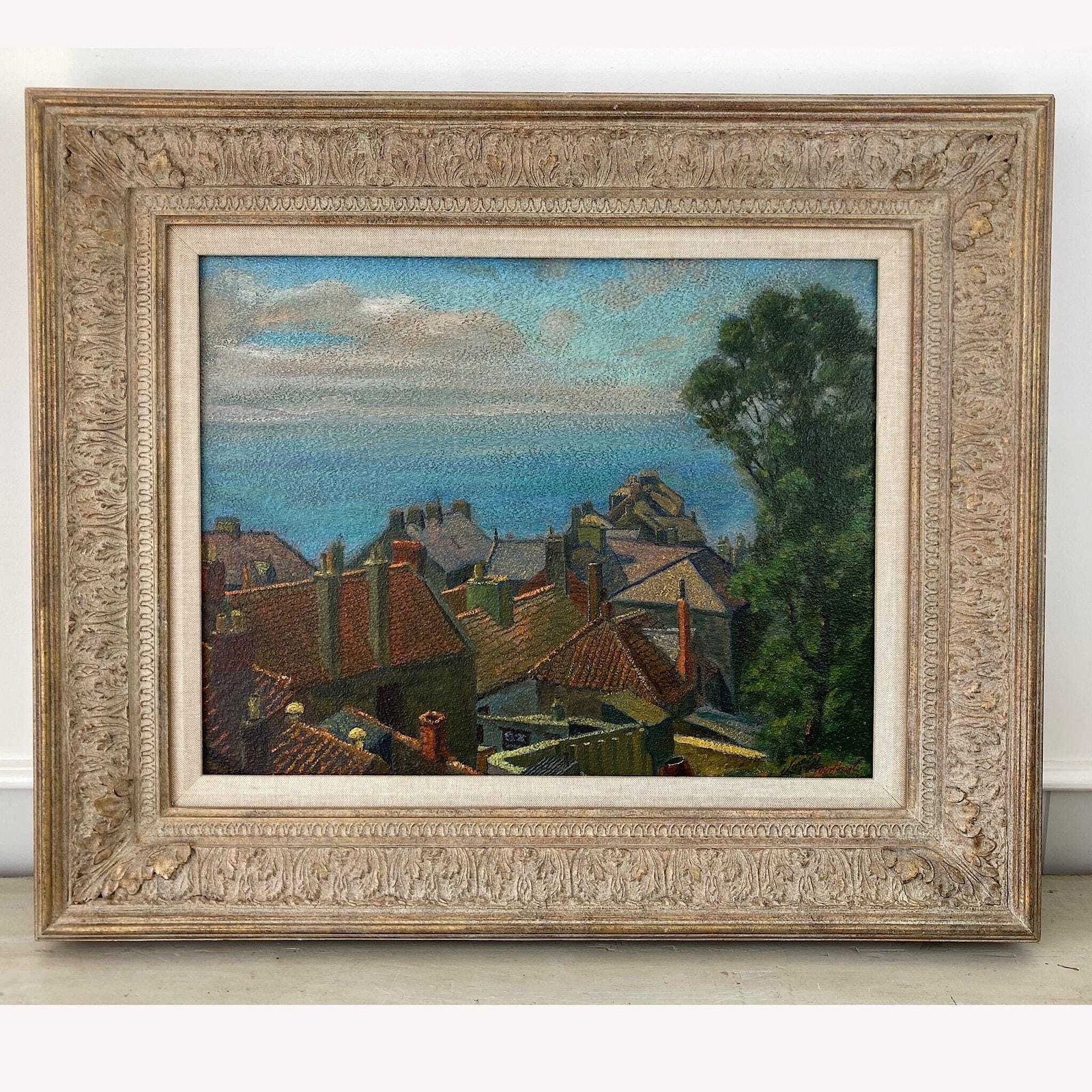 Rooftops To The Sea – British Vintage Oil On Board Framed Painting photo furniture