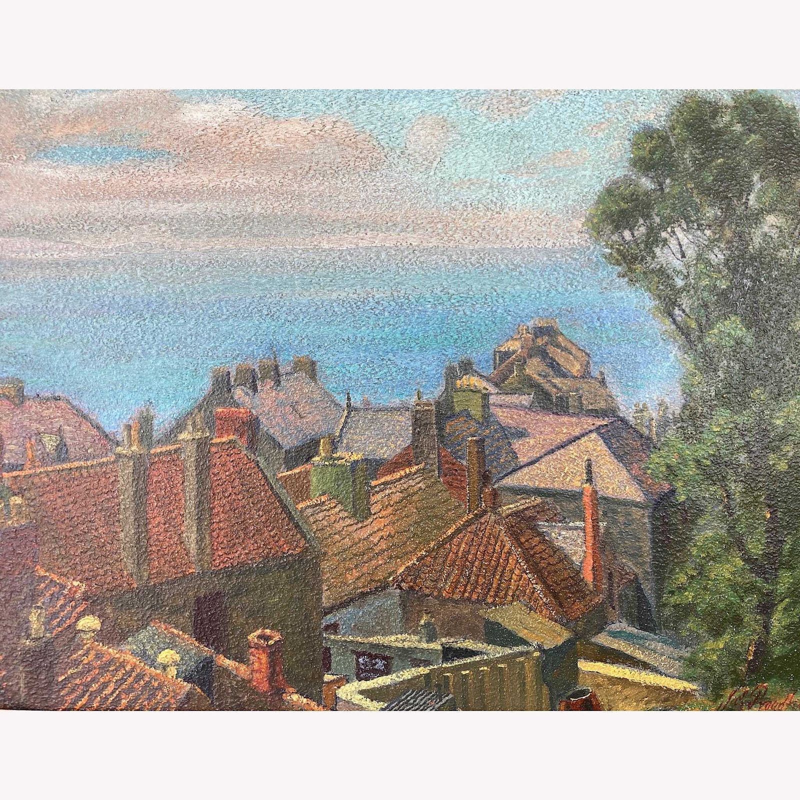 Rooftops To The Sea – British Vintage Oil On Board Framed Painting photo for sale