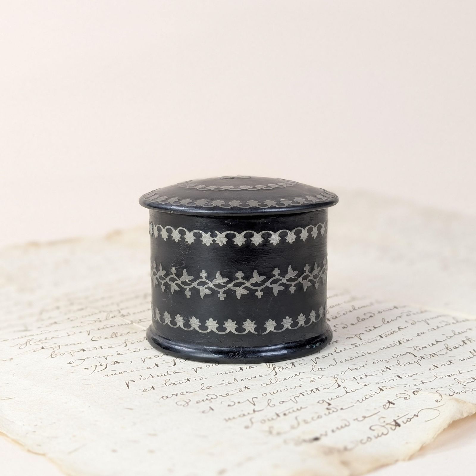 Antique French Powder Box Original Puff, Ebonized Paper Mache Metal Inlay Vanity Jar, 19th Century French Boudoir Piece photo furniture