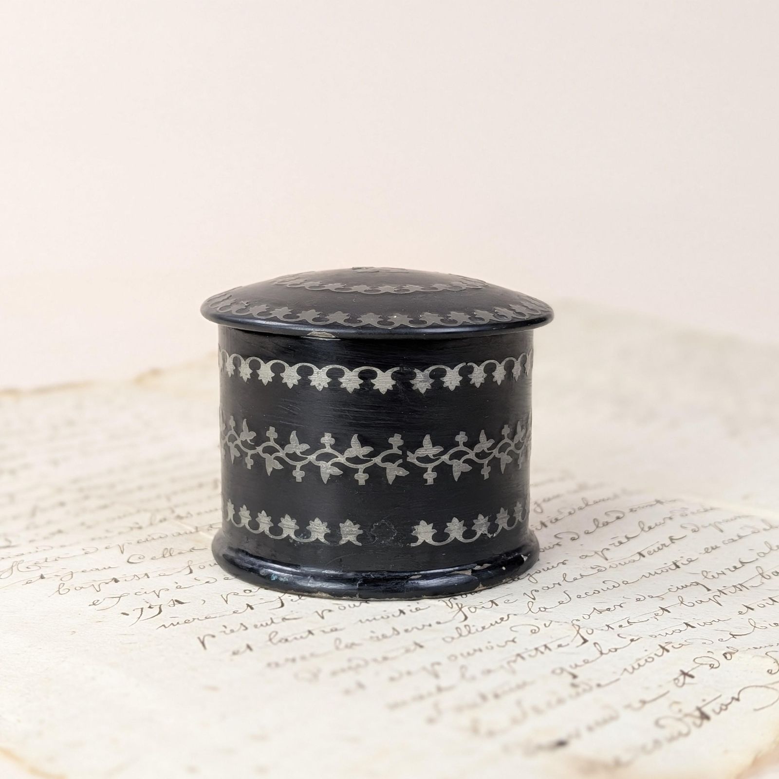 Antique French Powder Box Original Puff, Ebonized Paper Mache Metal Inlay Vanity Jar, 19th Century French Boudoir Piece photo Home Decor