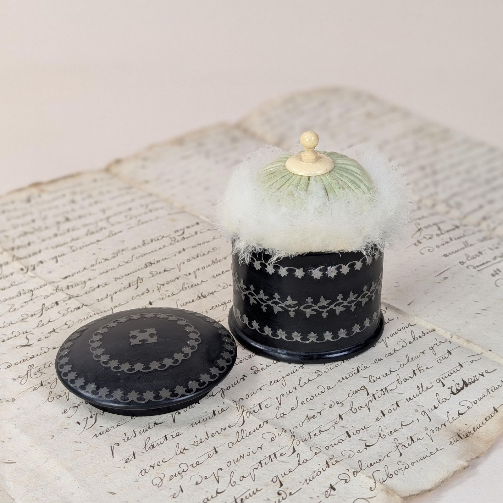 Antique French Powder Box Original Puff, Ebonized Paper Mache Metal Inlay Vanity Jar, 19th Century French Boudoir Piece photo 95.0
