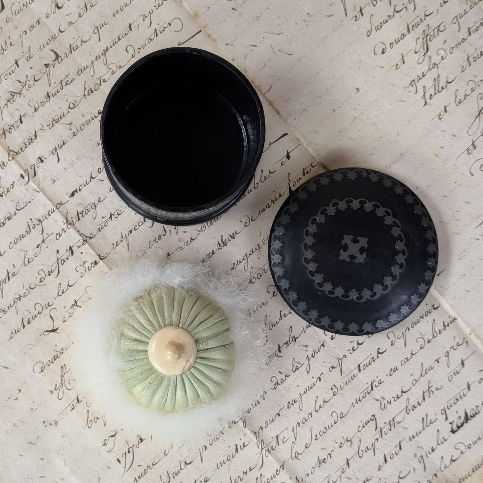 95.0 Antique French Powder Box Original Puff, Ebonized Paper Mache Metal Inlay Vanity Jar, 19th Century French Boudoir Piece photo