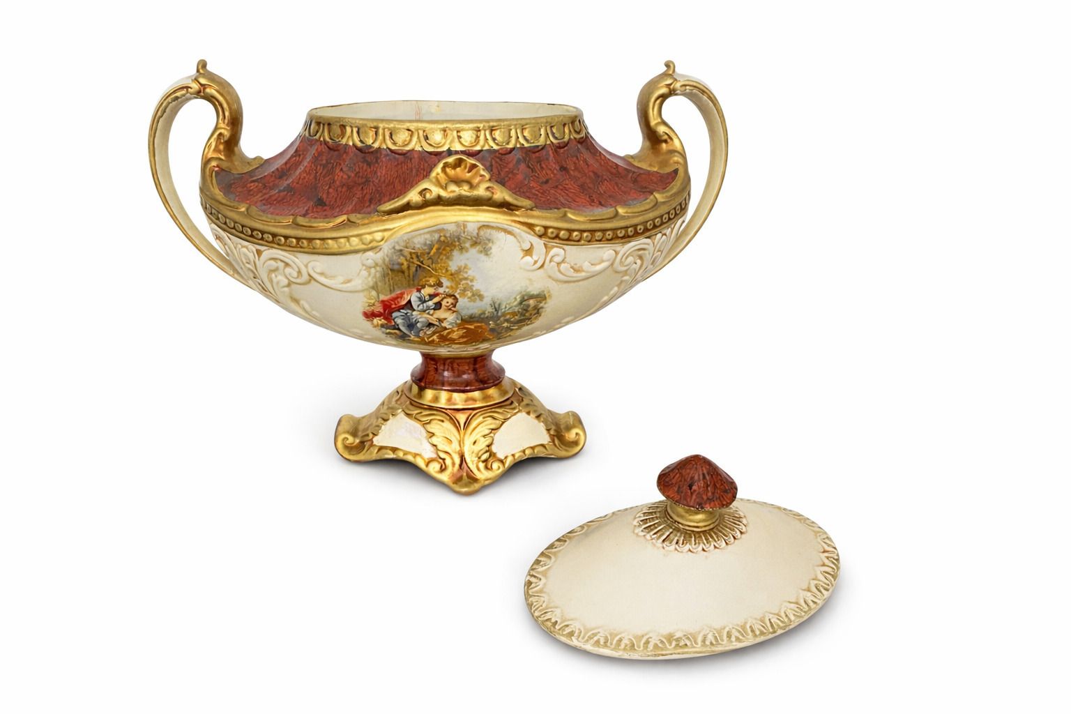 Antique Hand Painted Porcelain Urn With Lid & Gilt Detailing | Continental, C.1900 photo furniture