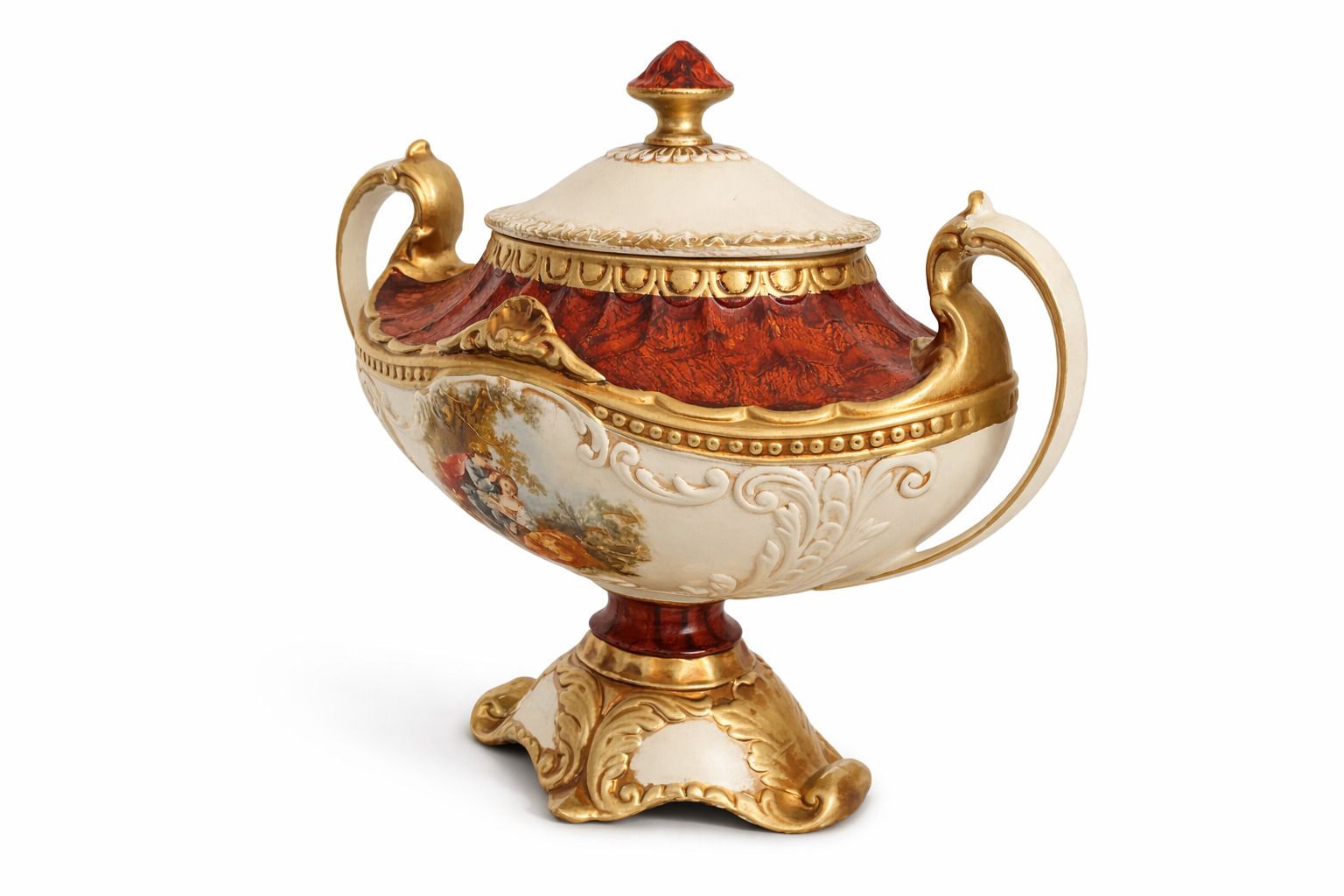 Antique Hand Painted Porcelain Urn With Lid & Gilt Detailing | Continental, C.1900 photo for sale