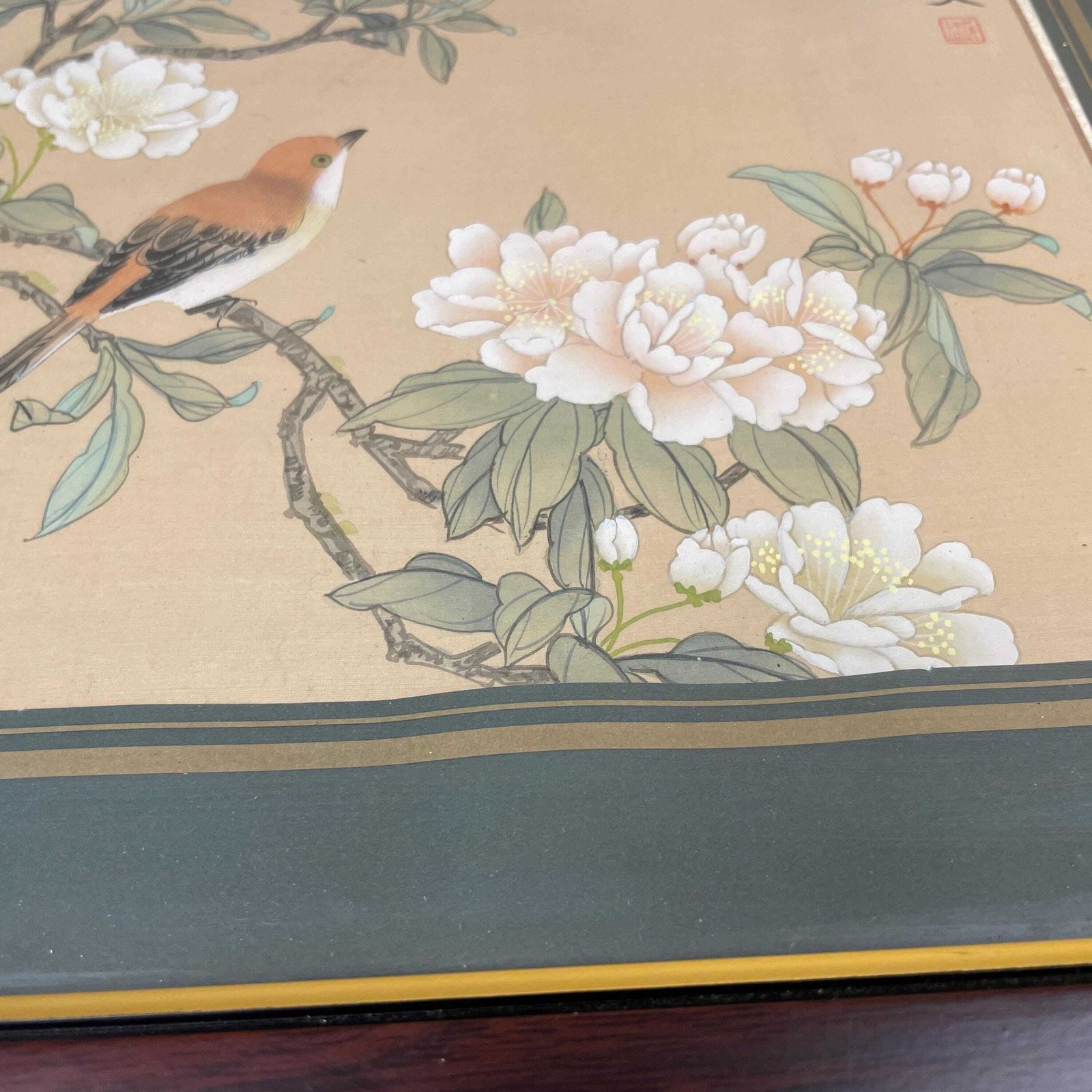 Chinese Silk Bird Flower Framed Art Painting Wood Frame Blue Floral Picture Oriental Wall Decor Asian Hand Painted On Silk photo furniture