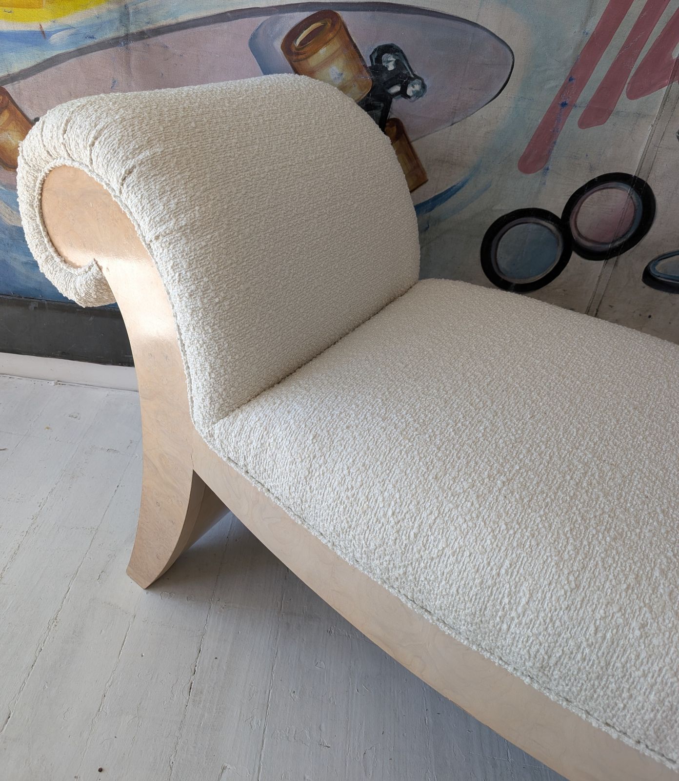 Large Vintage American Scroll End Burl & Boucle Upholstered Bench / Chaise photo vintage