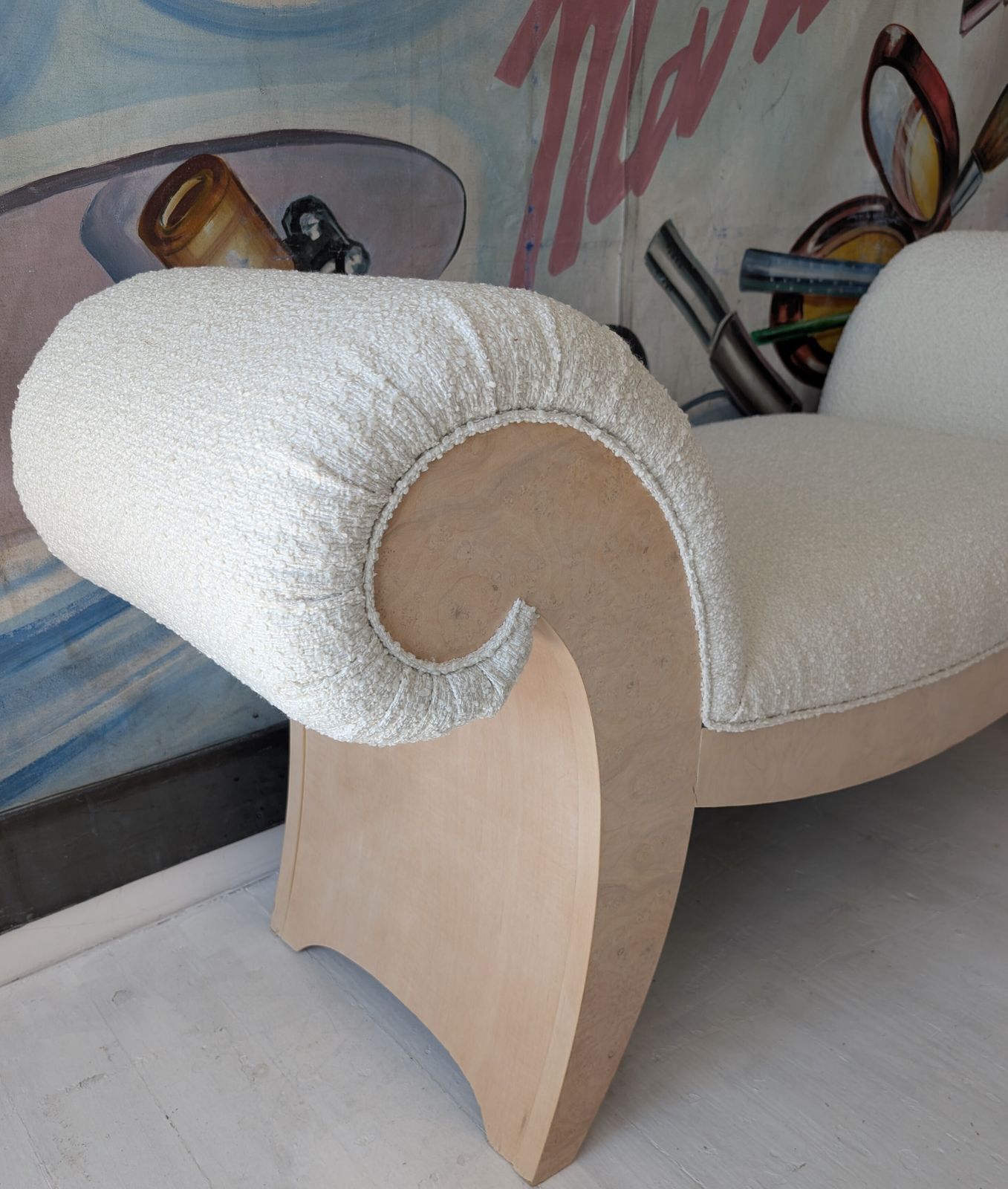 photo for sale Large Vintage American Scroll End Burl & Boucle Upholstered Bench / Chaise