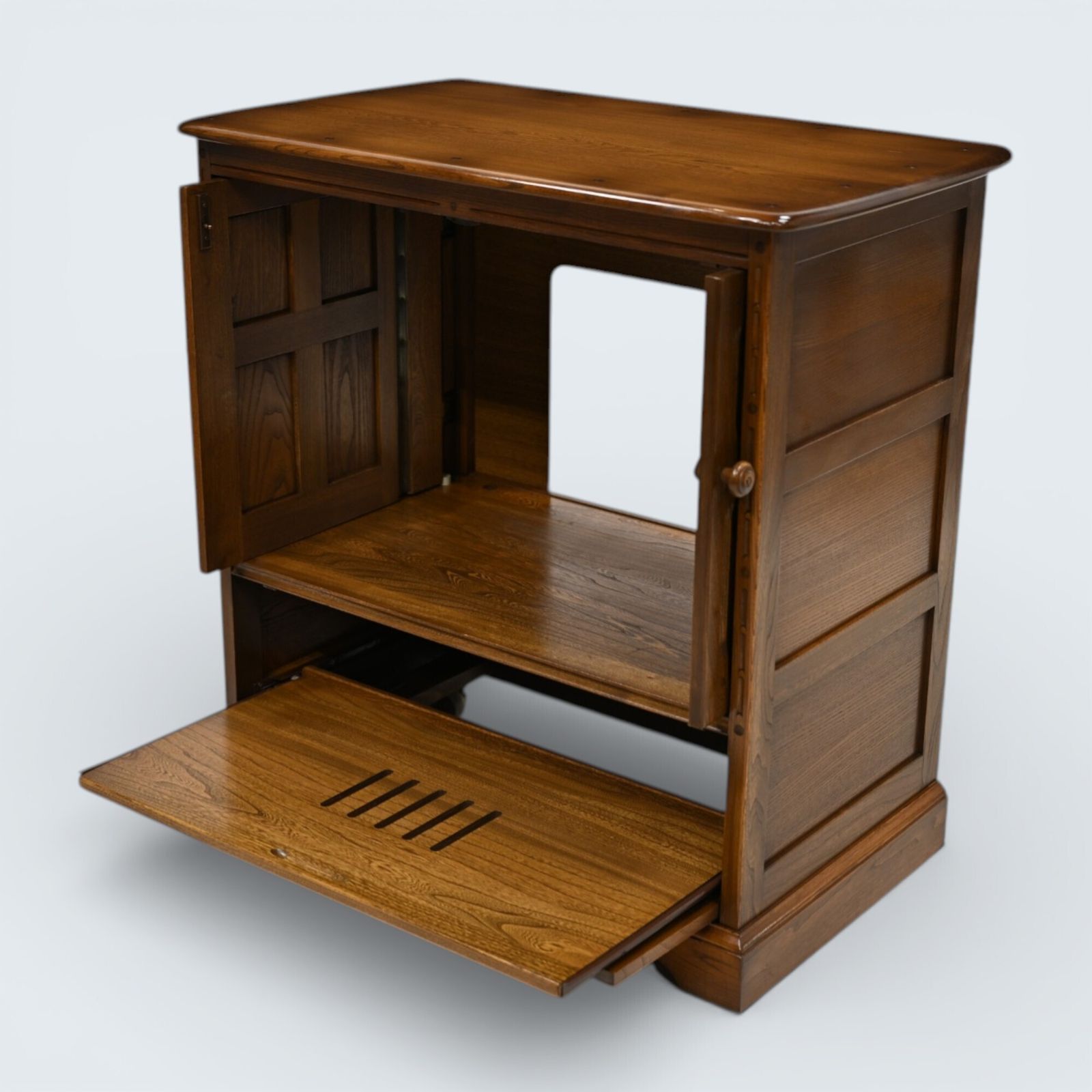 photo vinterior Ercol Mural Tv Video Cabinet Golden Dawn Corner Flap Model 839 Free Uk Delivery