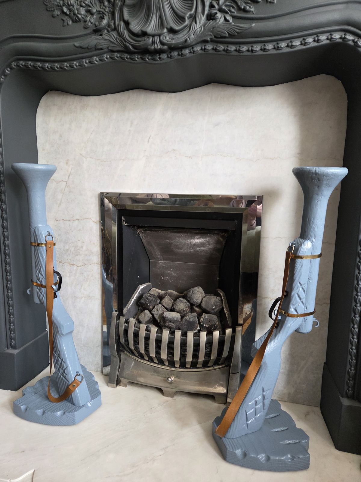 Pair Of Hand Carved Wooden Shotgun Candle Holders | Rustic Rifle Decor With Leather Straps photo Home Decor