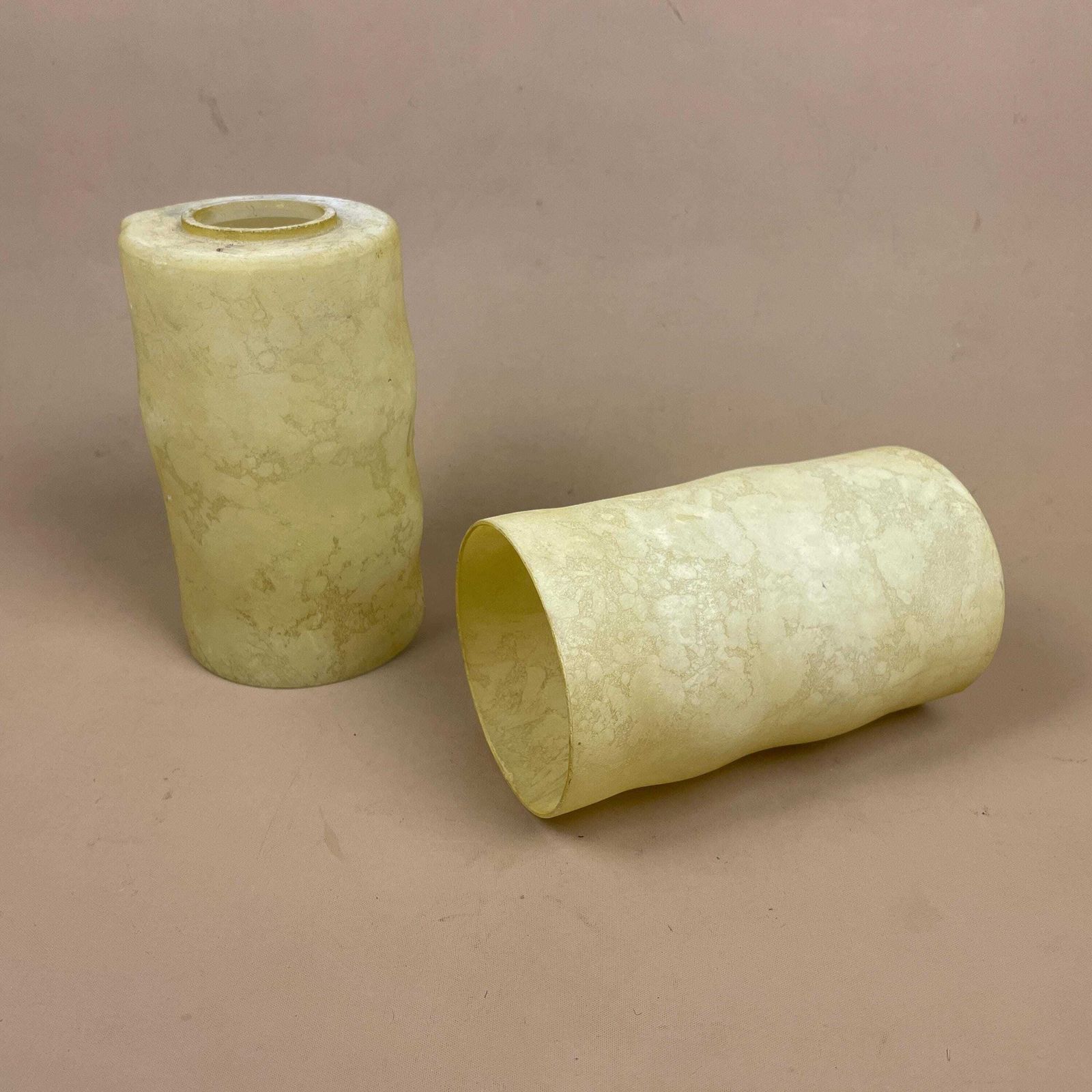 Pair Glass French Lamp Shade Cylinder Pendant, Marbled Pattern Art Deco Lightcream