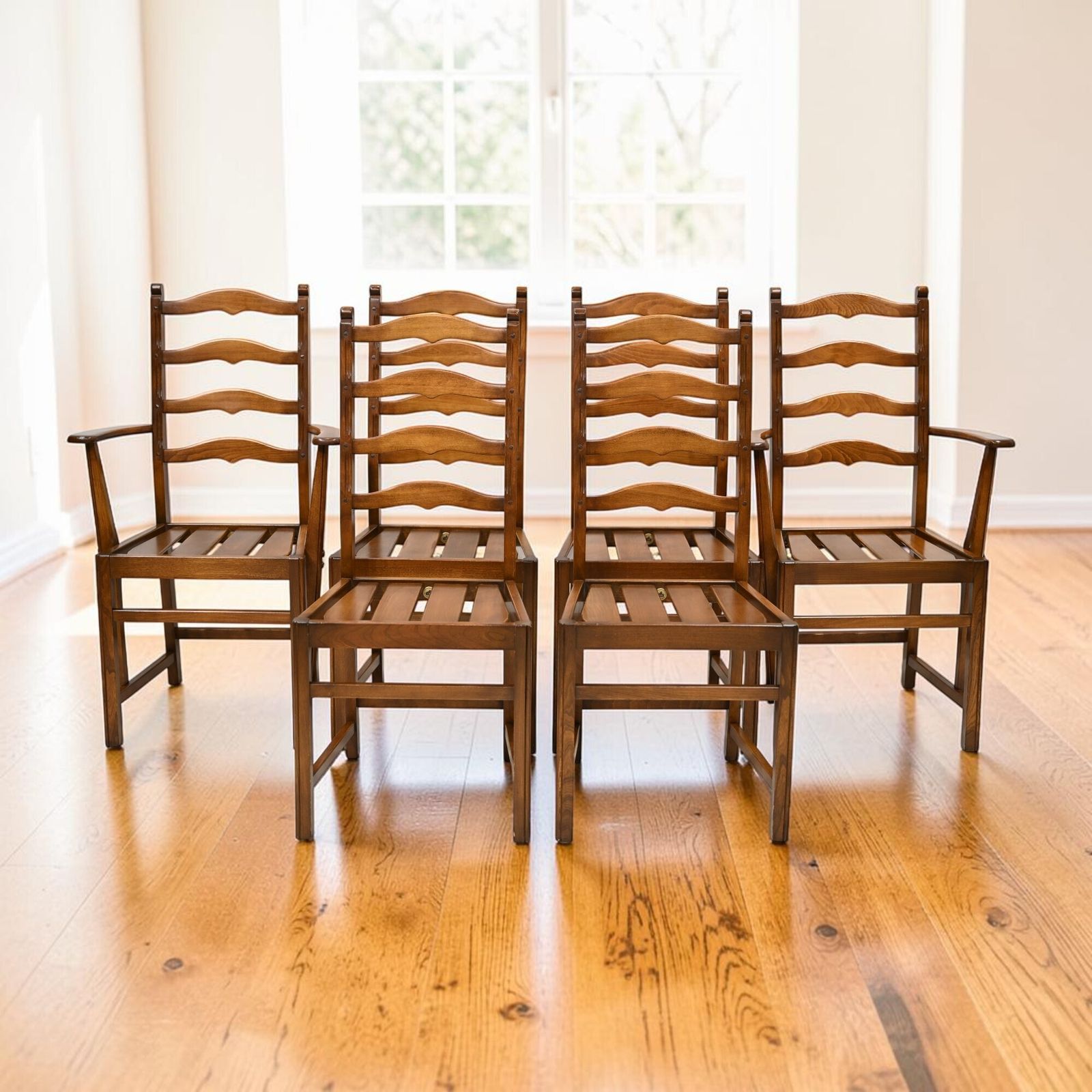 6 Ercol Dining Chairs 1970s Ladderback Inc 2 Carvers Golden Dawn Free Delivery*