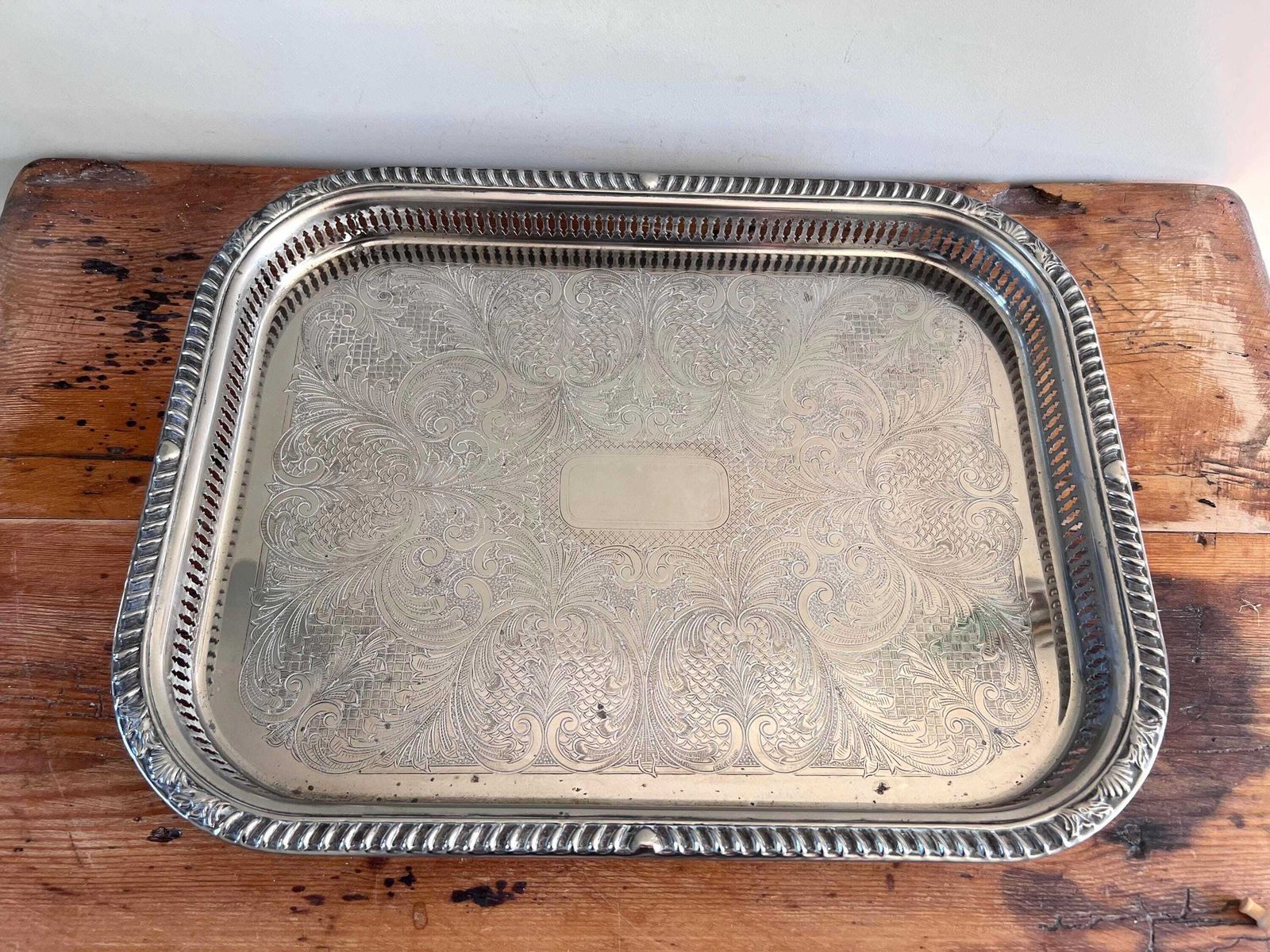 Large 18.5" Vintage Butler Cavalier Gallery Tray – English Silver Plated Serving Platter, Pierced Rim & Etched Scrollwork, Made In England photo furniture