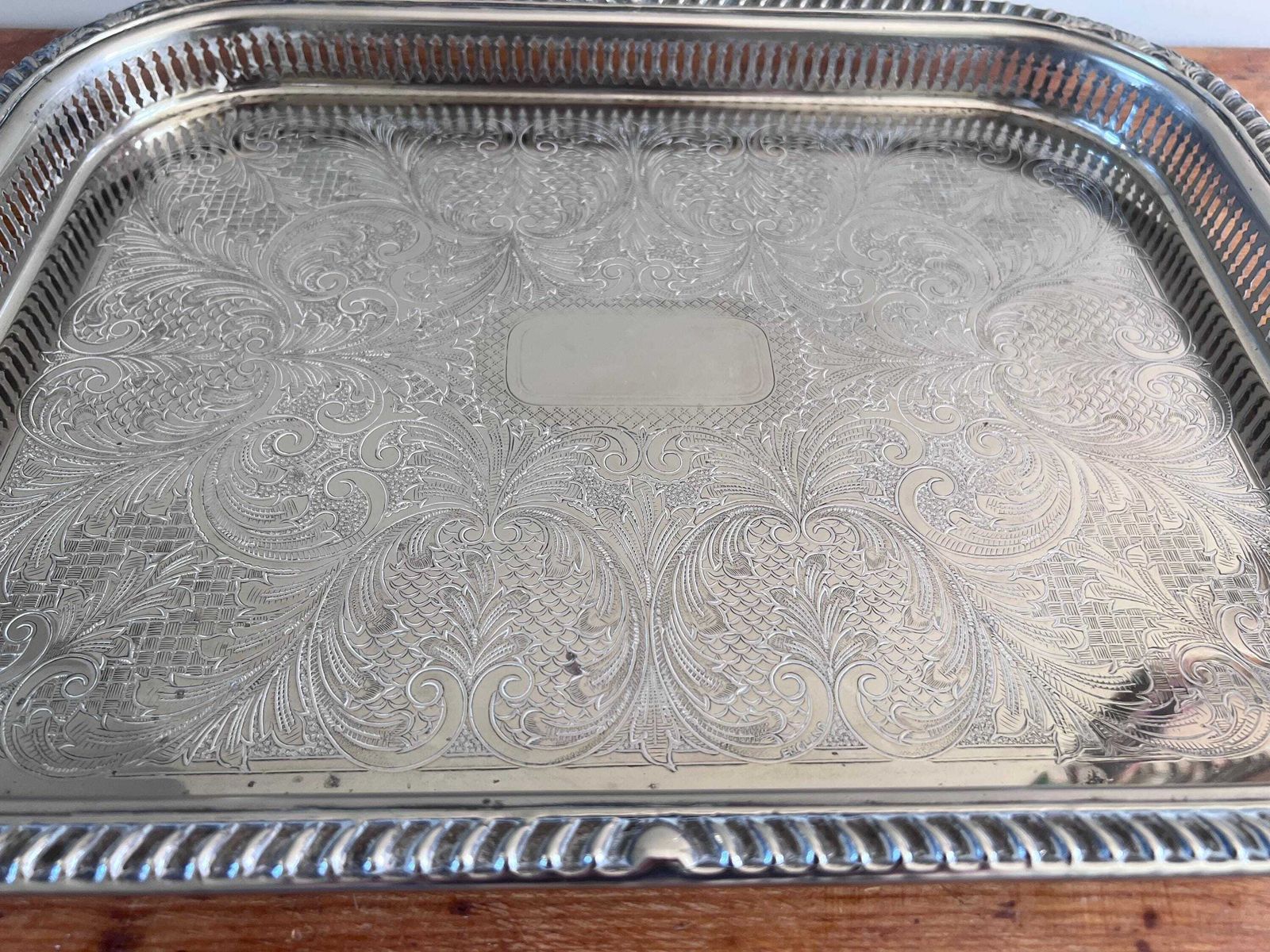 Large 18.5" Vintage Butler Cavalier Gallery Tray – English Silver Plated Serving Platter, Pierced Rim & Etched Scrollwork, Made In England photo Home Decor