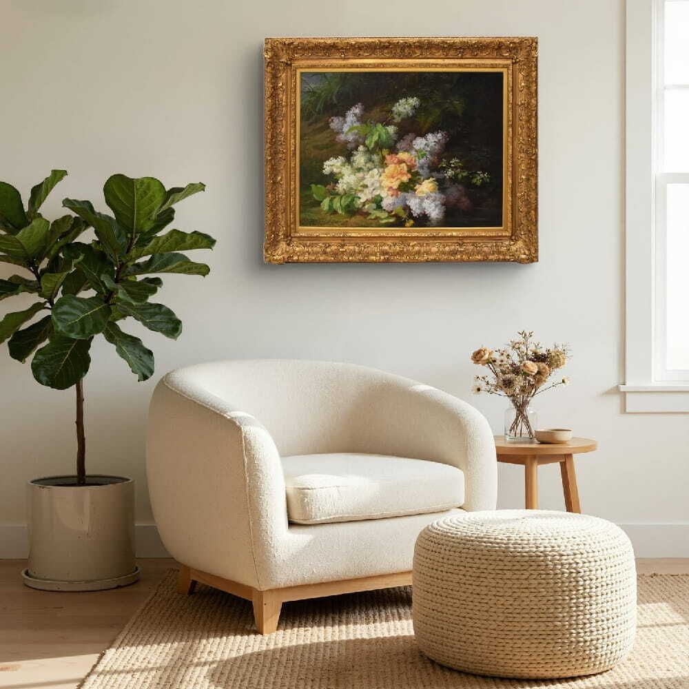 Floral Still Life With Roses And Lilac, Antique Paintings,Flowers, Oil On Canvas, XIX (Qf734) photo furniture