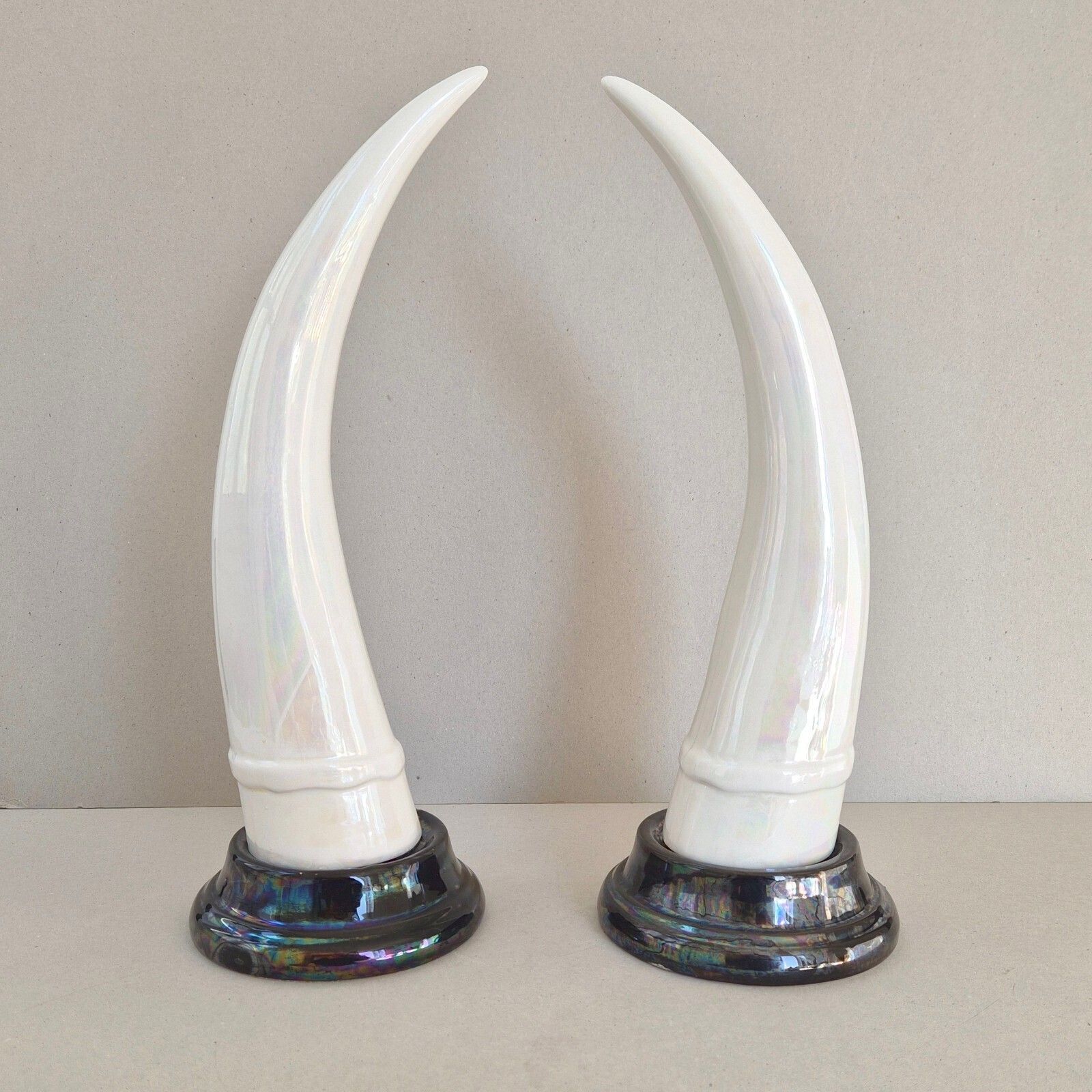 Pair Of Vintage 1960s Elephant Tusses In White & Black Iridescent Ceramic